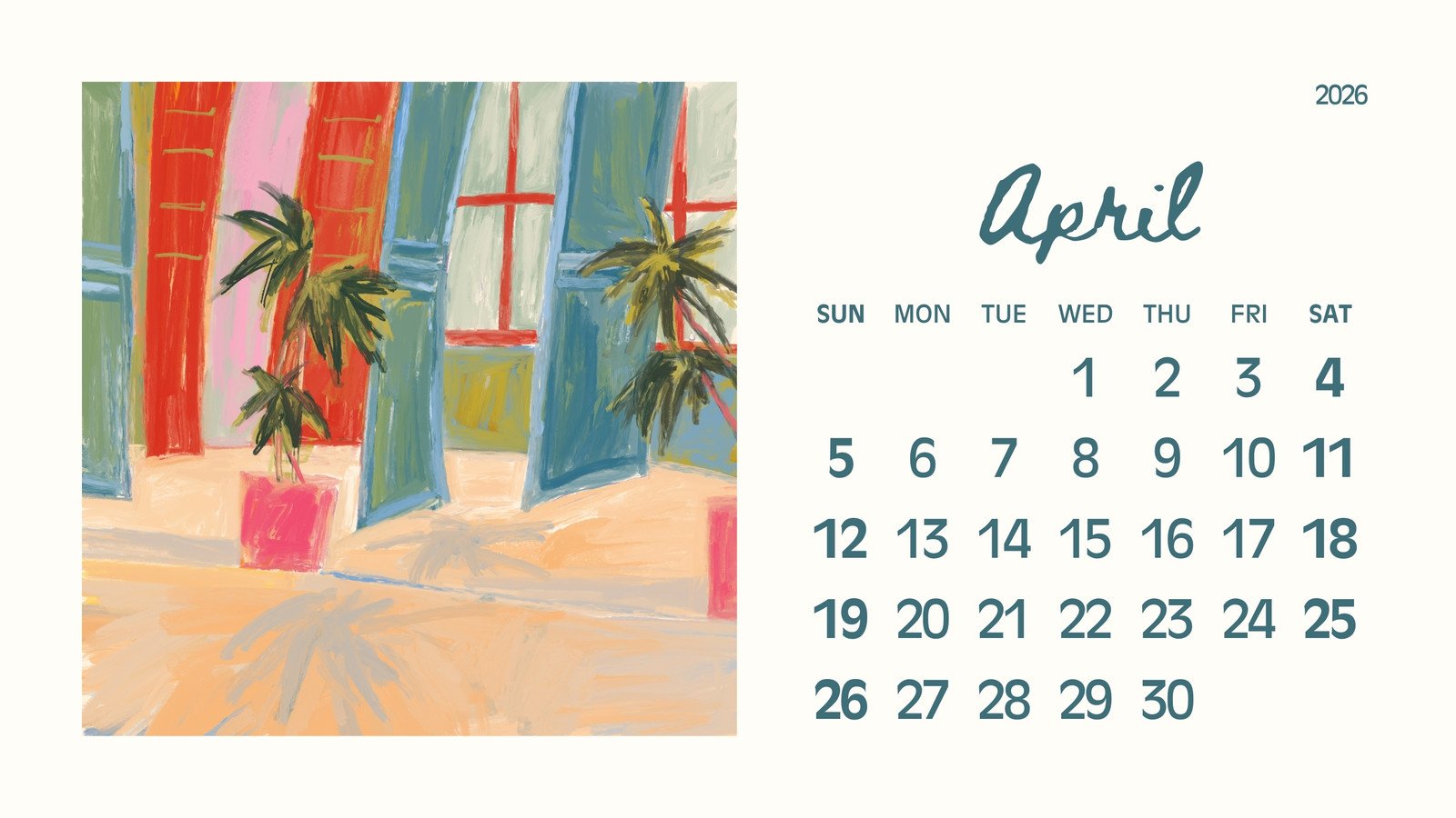 1600x900 Free and customizable April 2026 calendar templates