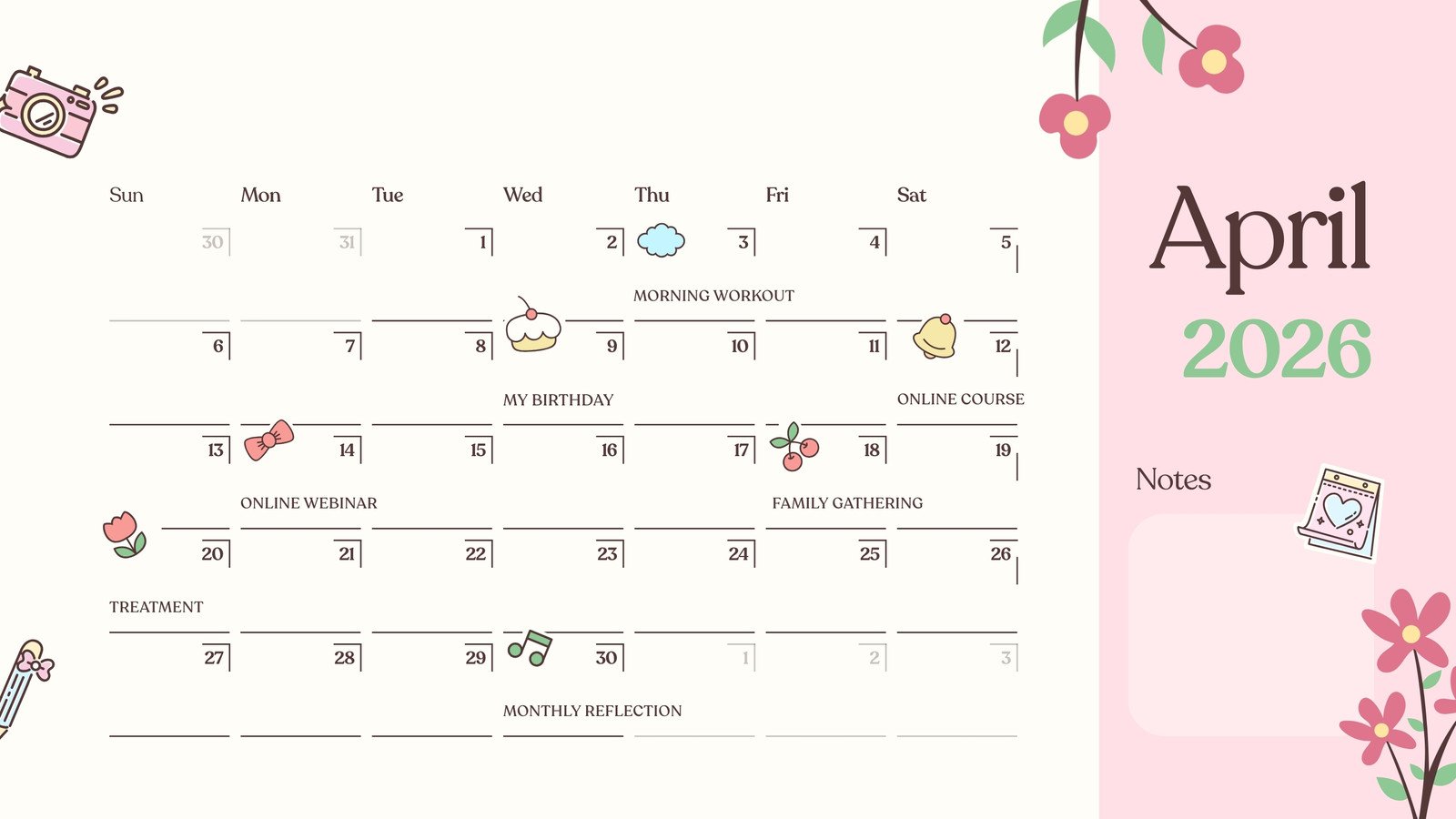 1600x900 Free and customizable April 2026 calendar templates