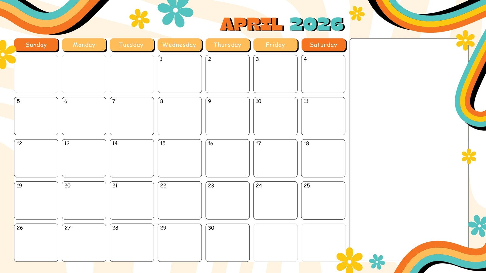 1600x900 Free and customizable April 2026 calendar templates