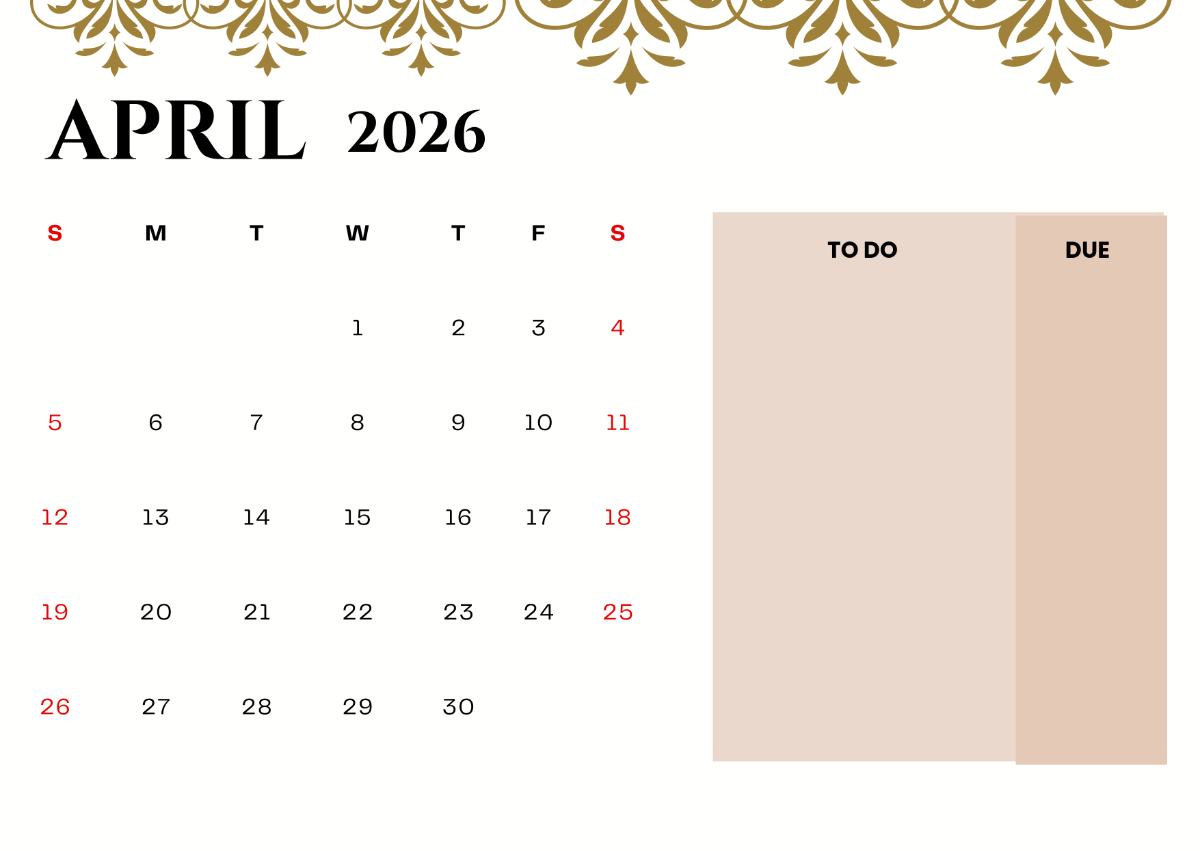 1200x851 Free April 2026 Calendar With To Do List Template To Edit Online