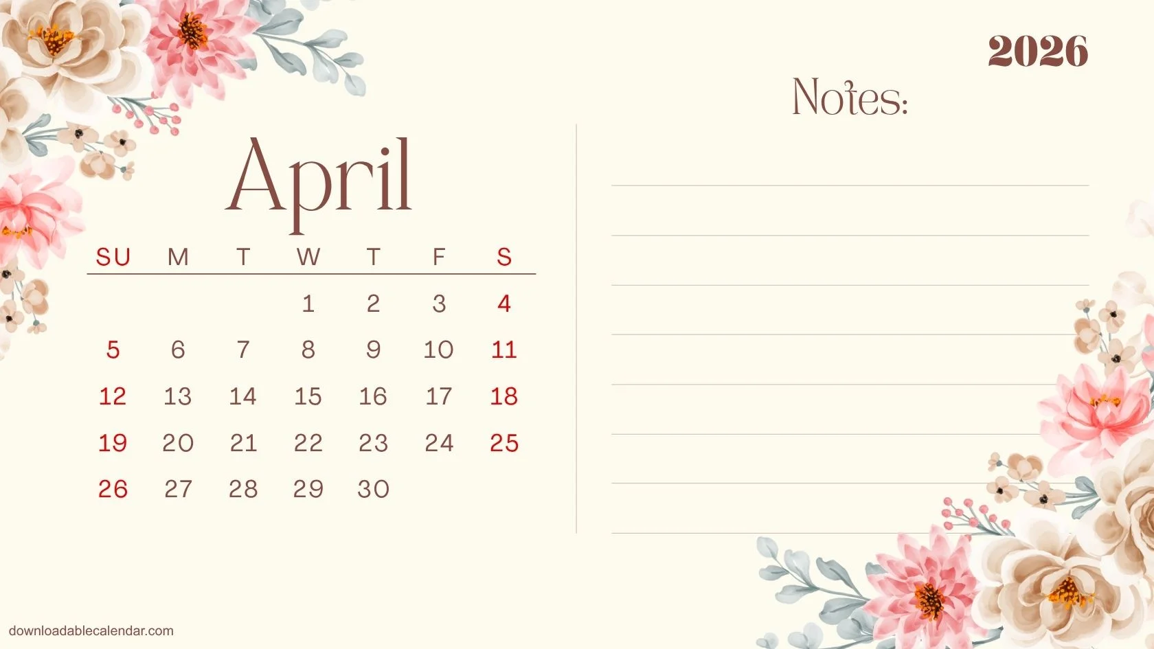 1680x945 Floral Calendar Printable 2026 : Plan, Write and Bloom