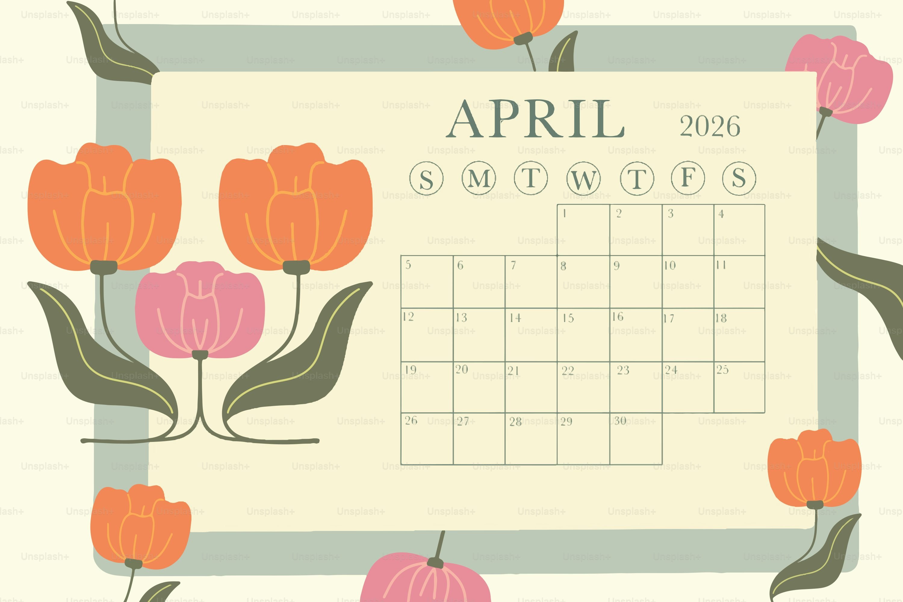 3000x2000 April calendar with colorful abstract circles vector