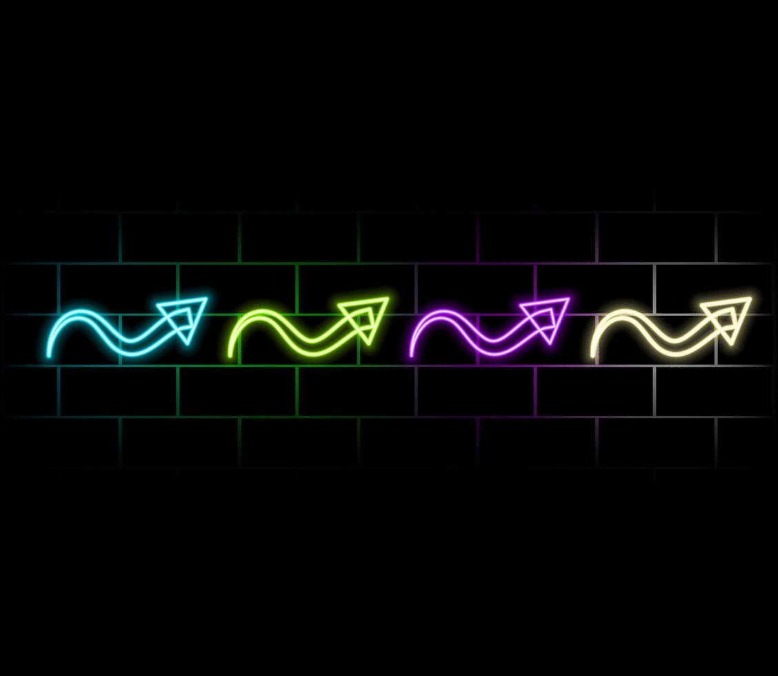 1128x980 Neon Arrow Sign set 7 on brick wall background. Retro neon icons set of arrow symbol, pointer icons, cursor. Colorful glowing light arrow banner, emblem for club or bar 49870534 Vector Art