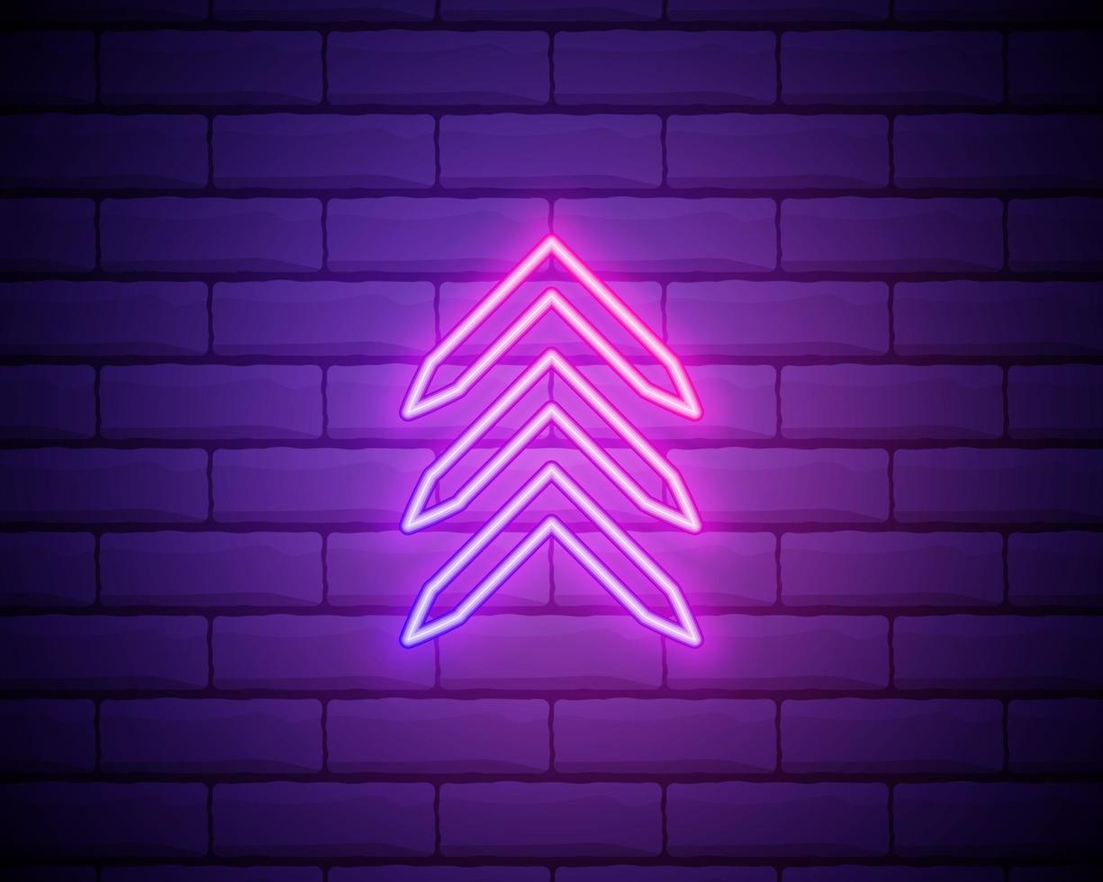 1225x980 Neon arrow sign. Glowing neon arrow pointer on brick wall background. Retro signboard with bright neon tubes. Vector