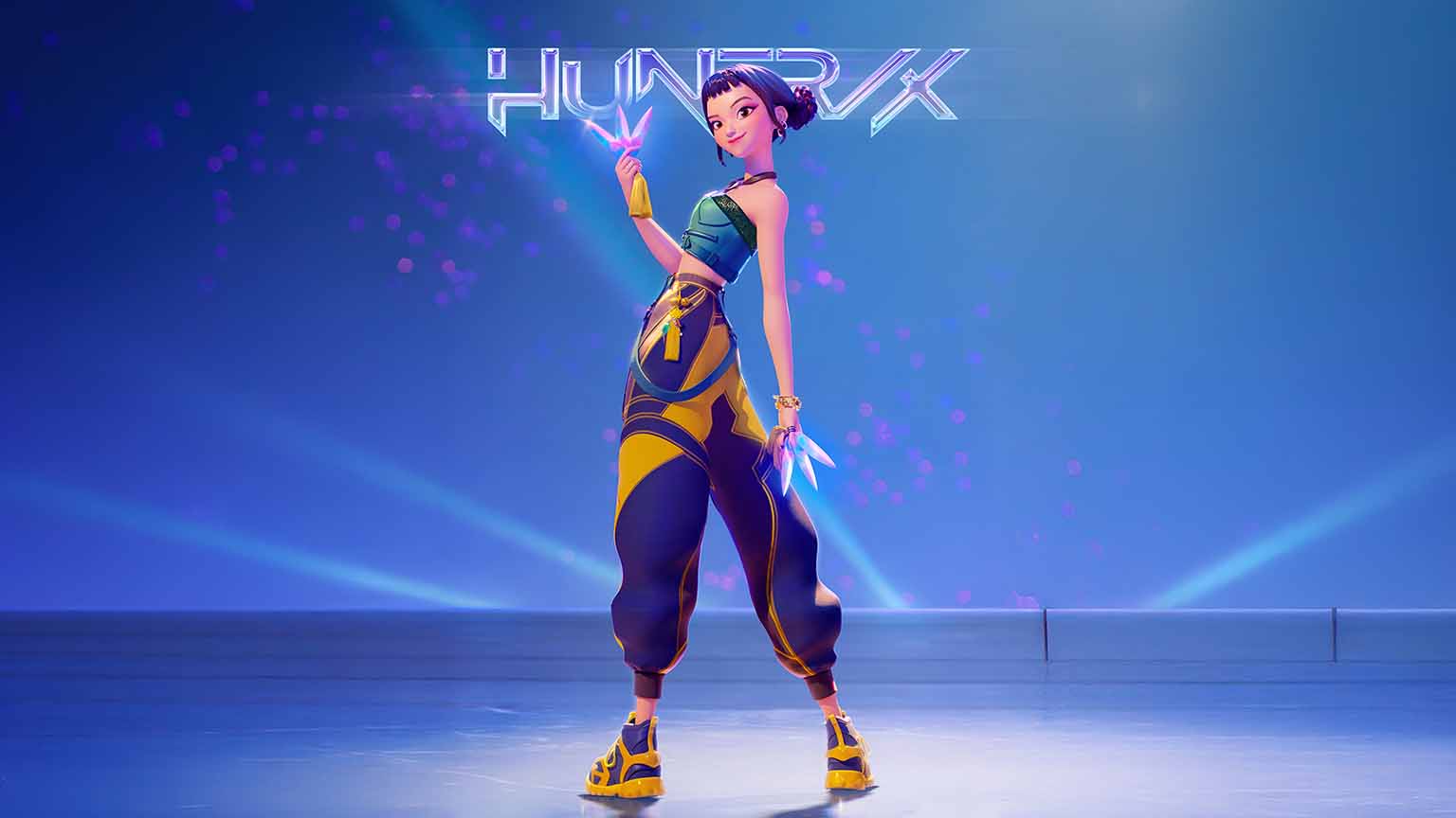 1536x864 Zoey Huntrix Blue Stage Dance Pose Desktop Wallpaper 4k