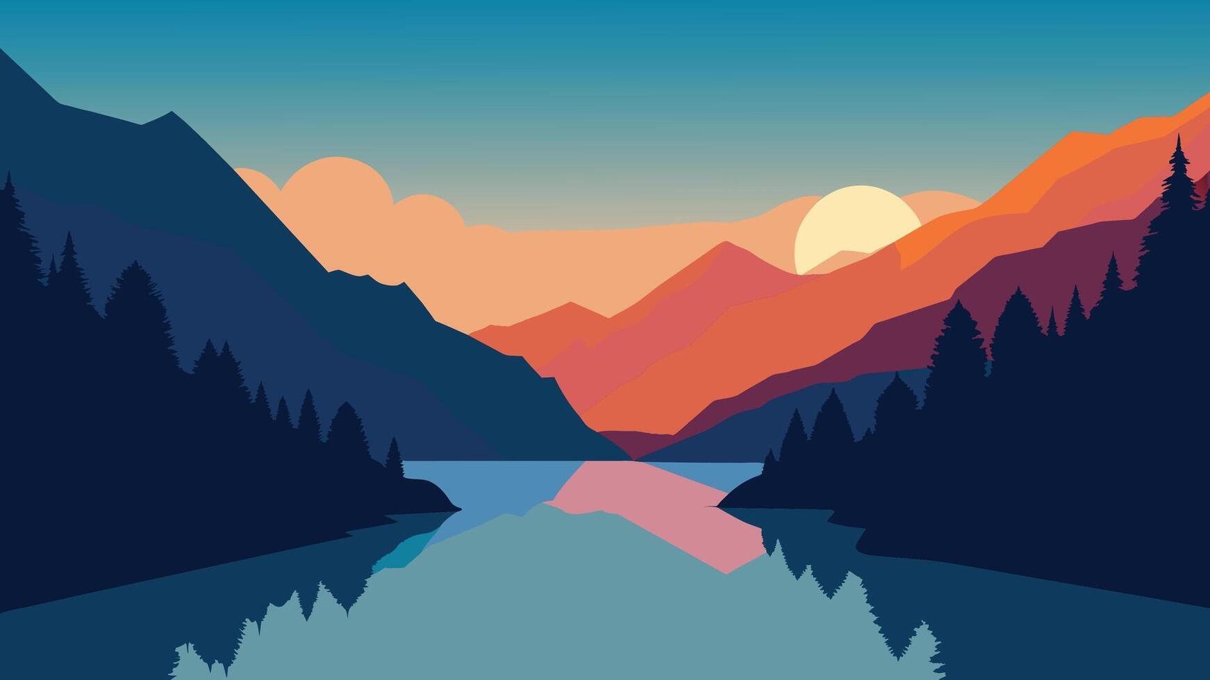1742x980 Colorful summer sunrise on the Vorderer Gosausee lake in the Austrian Alps. Austria, Europe. Flat illustration Nature Background