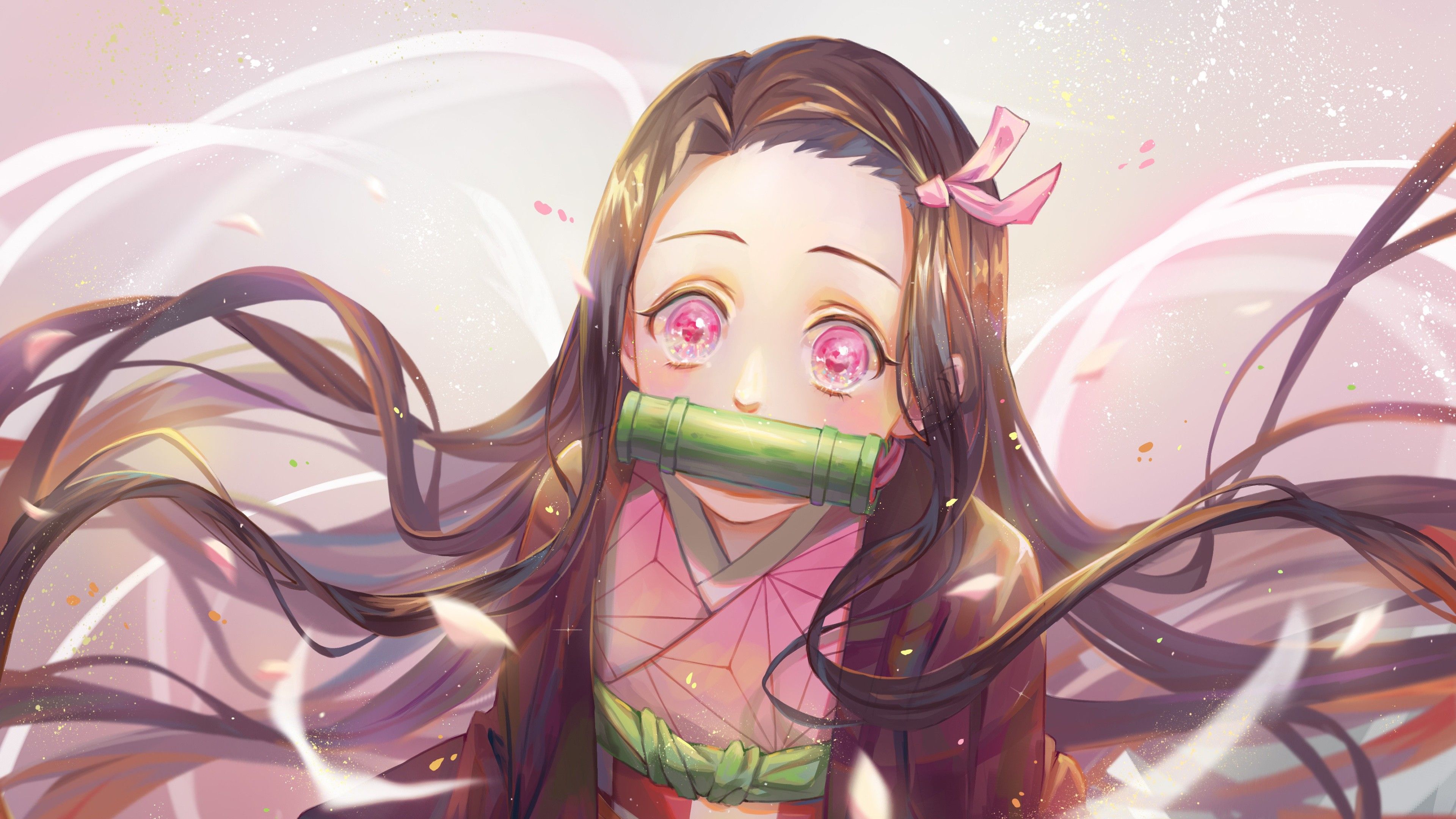 3840x2160 Demon Slayer Scary Nezuko Kamado With Pink Eyes And Long Flying Hair 4K HD Anime Wallpaper