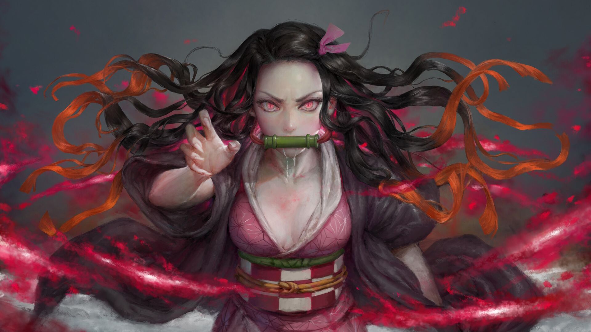 1920x1080 Demon Slayer Pink Eyes Nezuko Kamado With Long Hair Wearing Pink Dress With Gray Background HD Anime Wallpaper