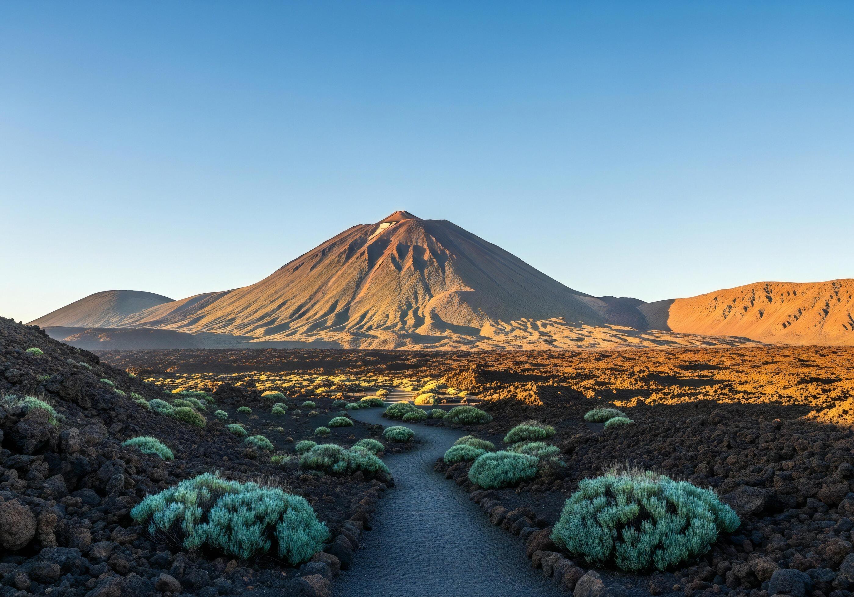 2800x1960 Nature background, Nature wallpaper, A winding path through a volcanic landscape leads towards a prominent volcano under a clear blue sky