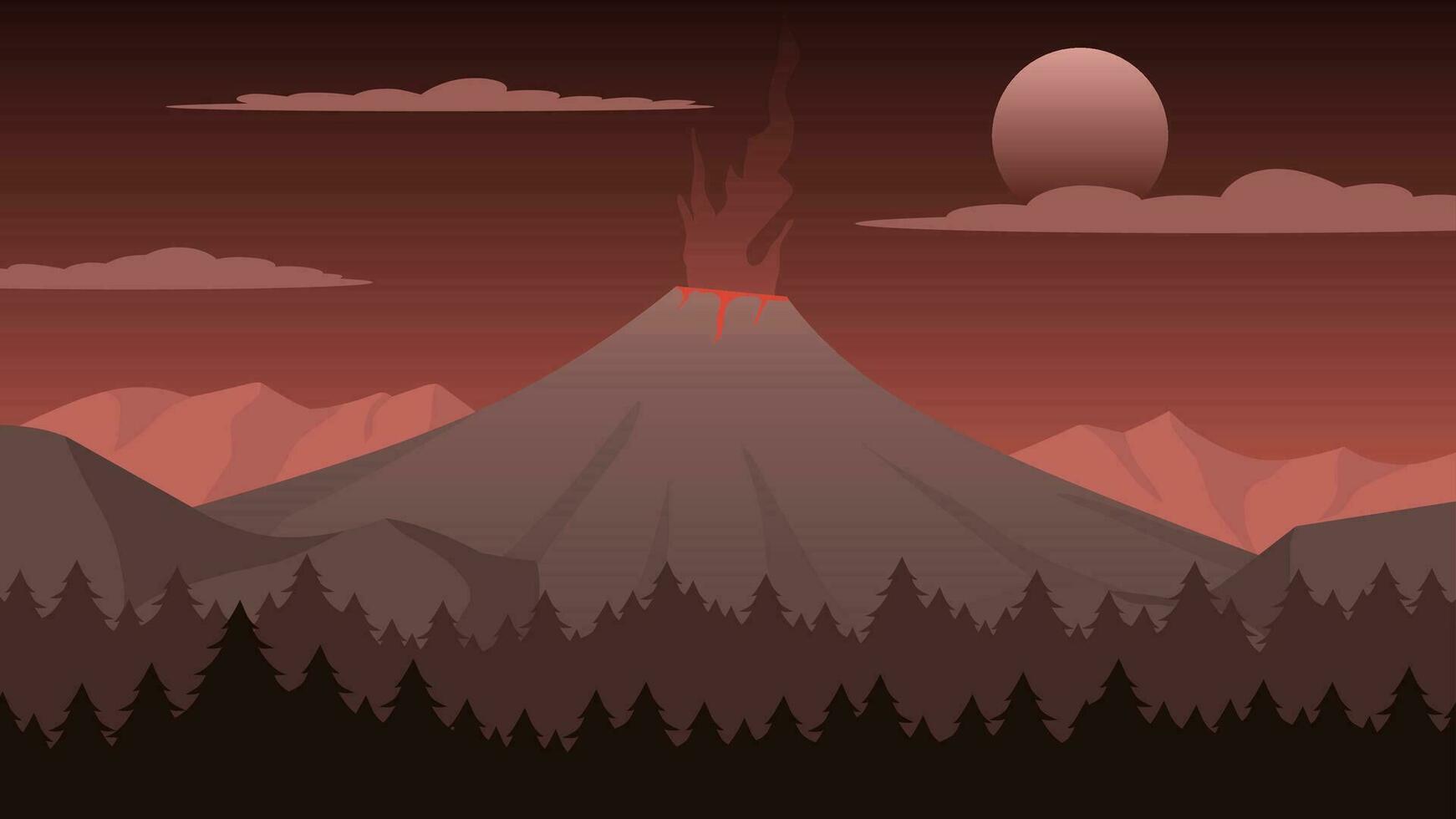 1742x980 Vector illustration of volcano with smoke eruption. Volcano landscape in the night. Volcanic landscape for background, wallpaper, or landing page. Landscape nature illustration with gradient style