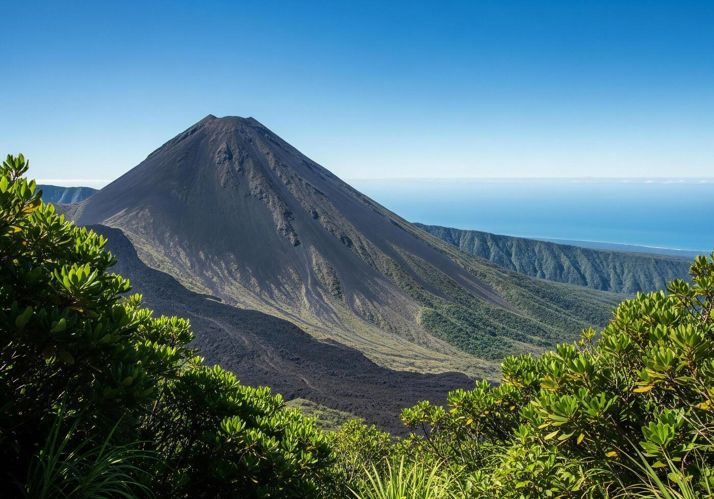 1400x980 Nature background, Nature wallpaper, Cone shaped volcano with lush green vegetation in the foreground and ocean in the background