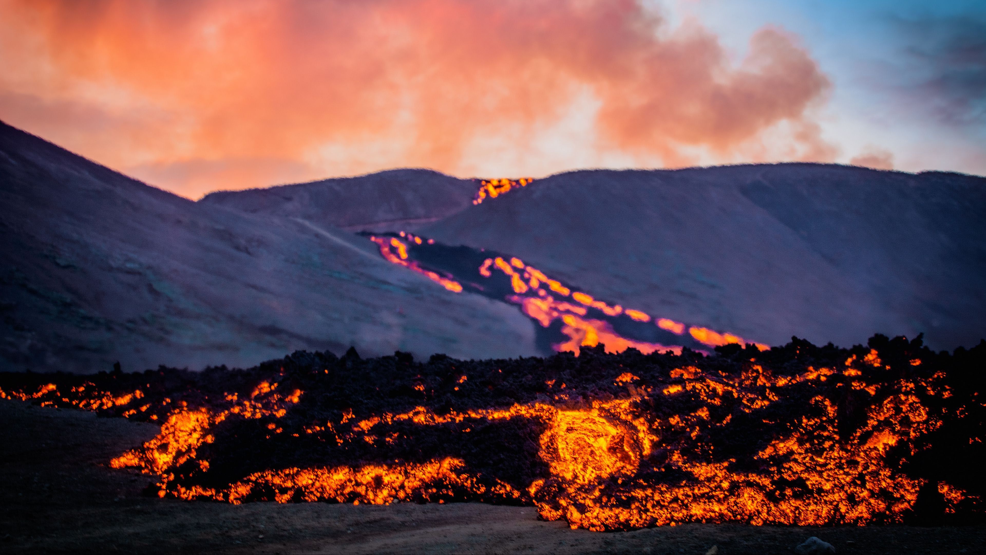 3840x2160 Volcano Lava Fire Rock Mountains Background During Sunset 4K HD Nature Wallpaper