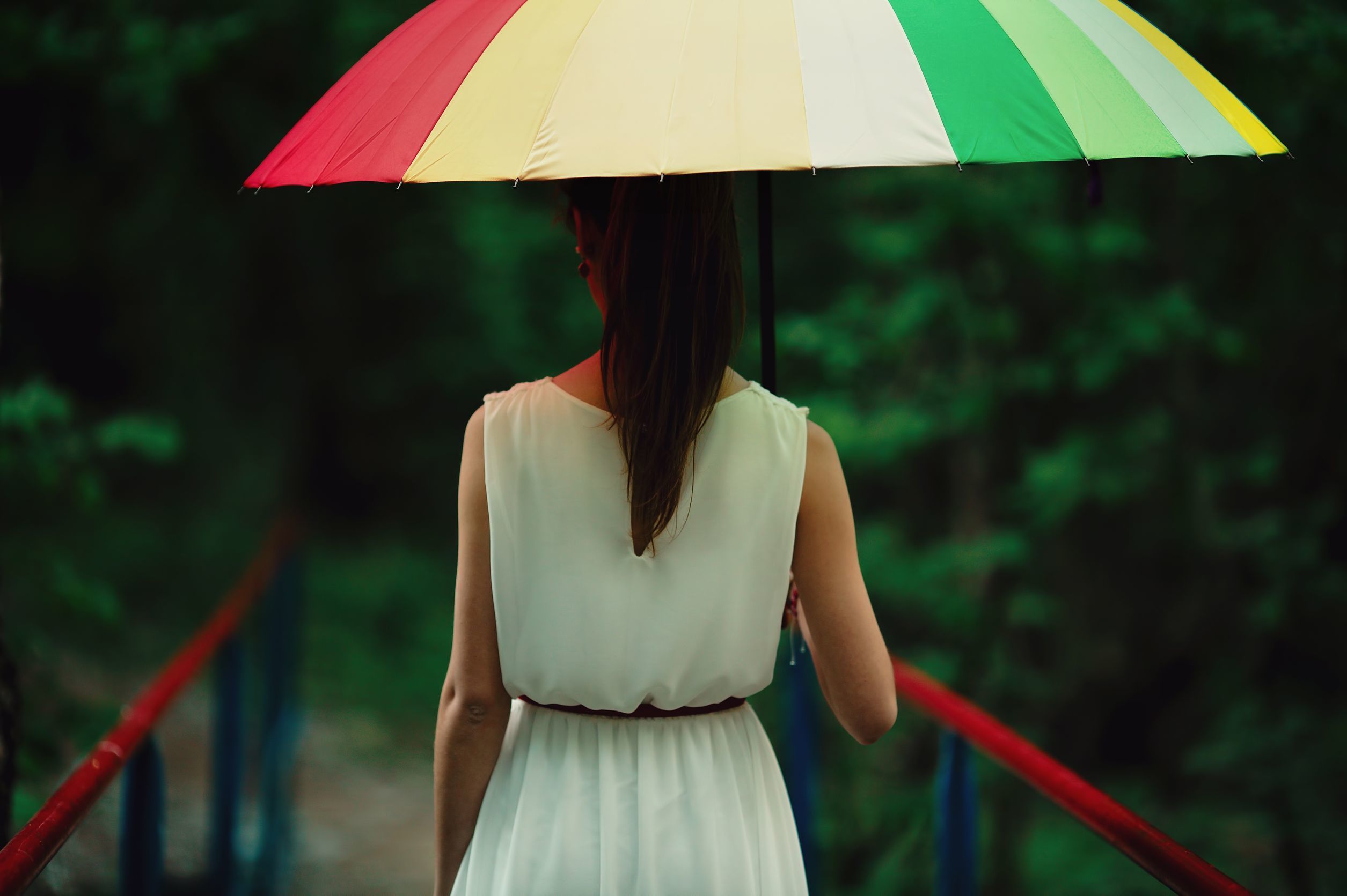 2510x1671 Wallpaper girl, bridge, umbrella, background, rain, mood, Wallpaper, colored for mobile and desktop, section настроения, resolution 2510x1671
