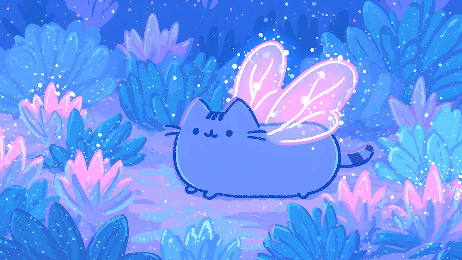 1536x864 Pusheen Fairy Wings Glowing Magic Forest Desktop Wallpaper