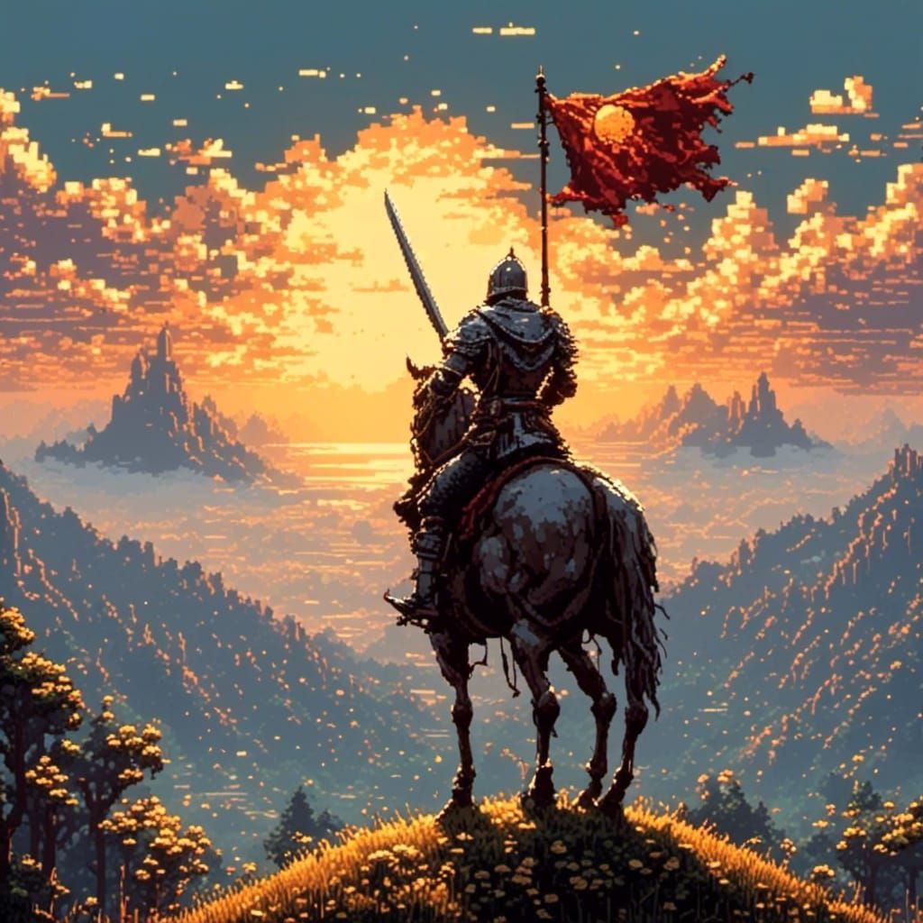 1024x1024 Pixel Knight Praising the Sun in Pixel Art Style