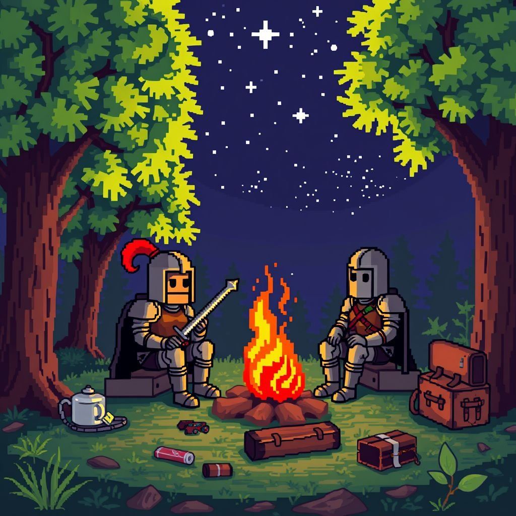 1024x1024 Two knights relaxing in a forest Pixel Art