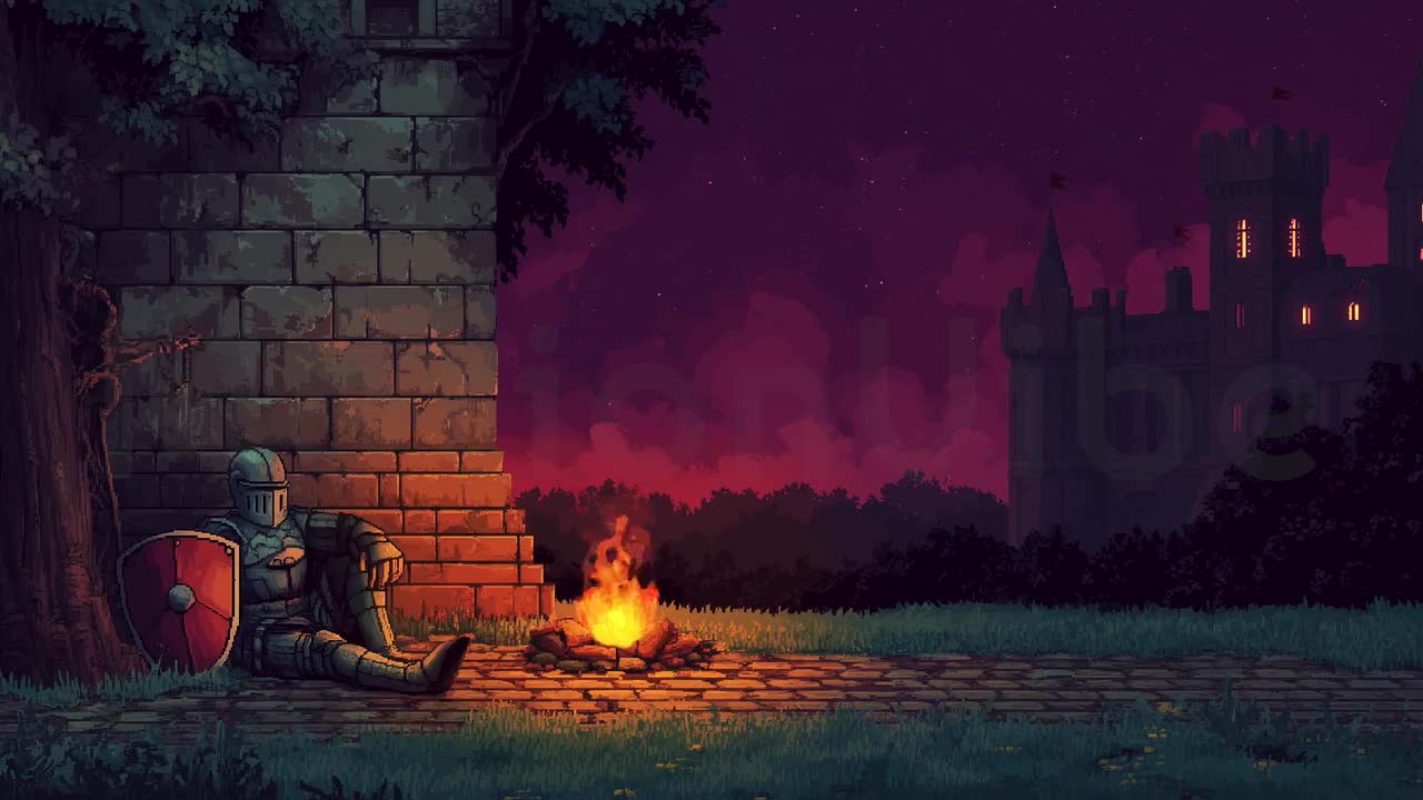 1280x720 Animated Background, Medieval Knight, Campfire Watch, Pixel Castle, Medieval Twilight, Quiet Guardian, Twitch Stream Zoom Vtuber Background