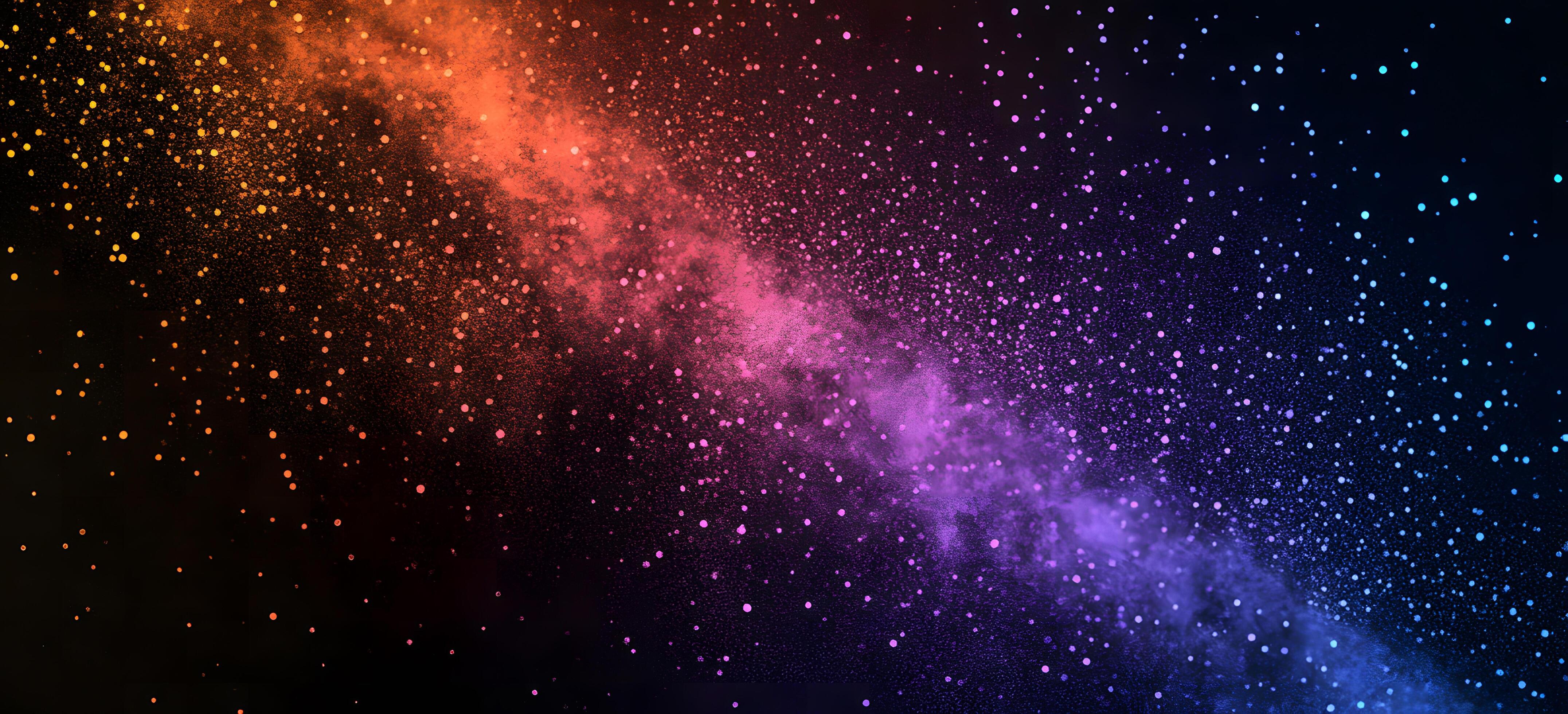 4303x1960 Abstract cosmic dust streams across dark space, showcasing vibrant orange, pink, and blue particles