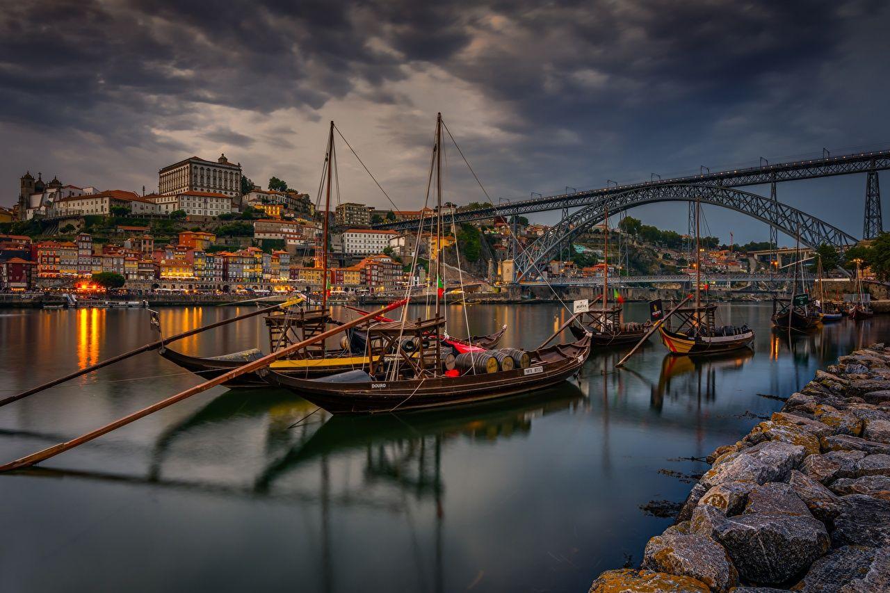 1280x853 Desktop Wallpaper Portugal Vila Nova de Gaia bridge Boats Rivers