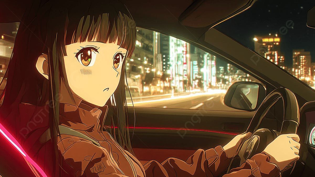 1200x675 Cartoon Girl Driving Car With A City Skyline Background At Night, Girl, Cartoon, Car Background Image And Wallpaper for Free Download