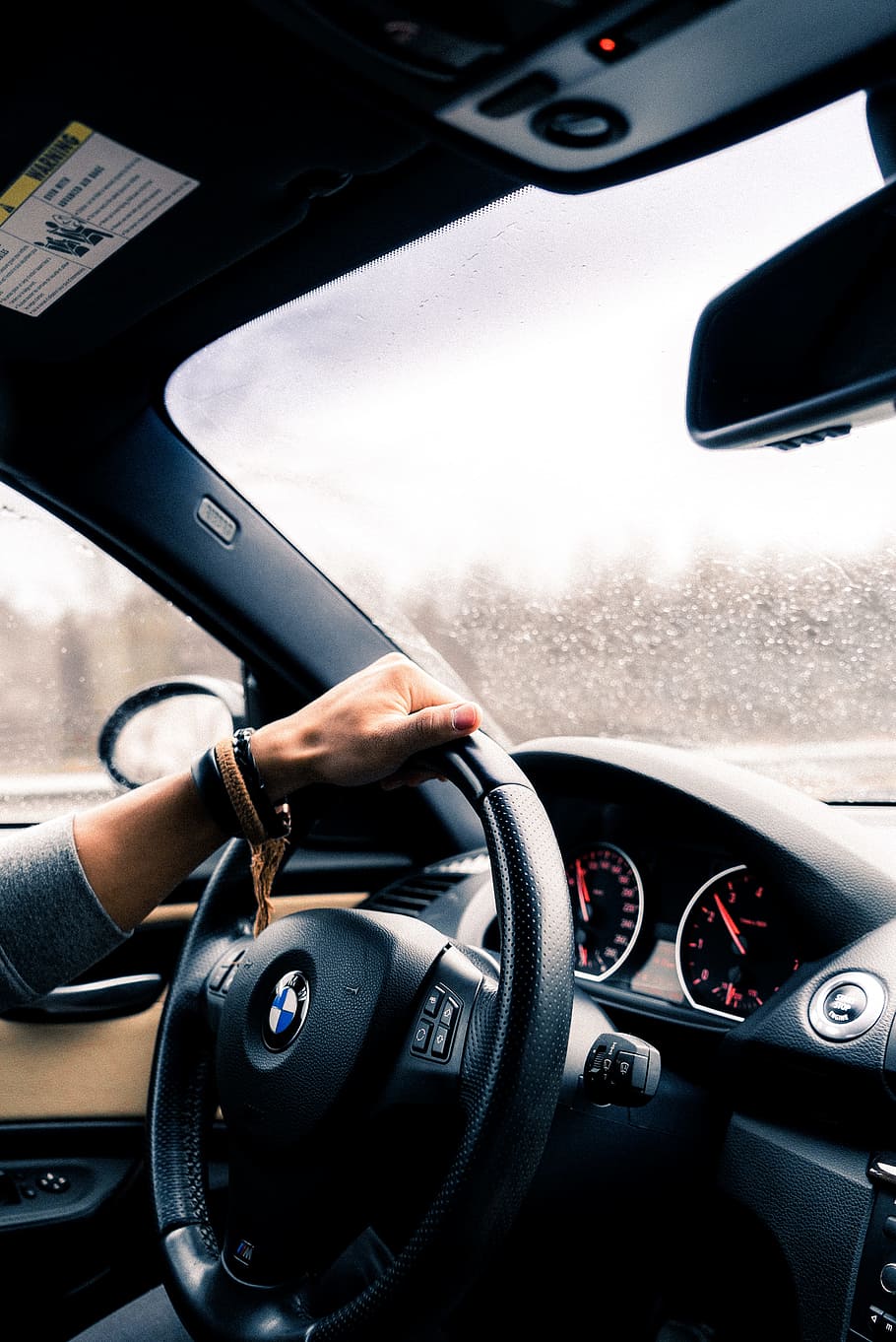 910x1362 rain., woman, driving, bmw car, Horses, rain, car, transportation
