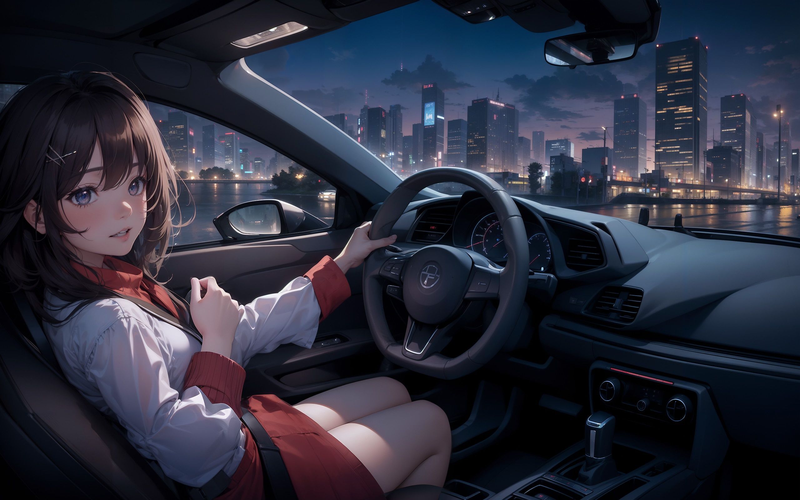 2560x1600 Wallpaper car, city, girl, night for mobile and desktop, section арт, resolution 2560x1600