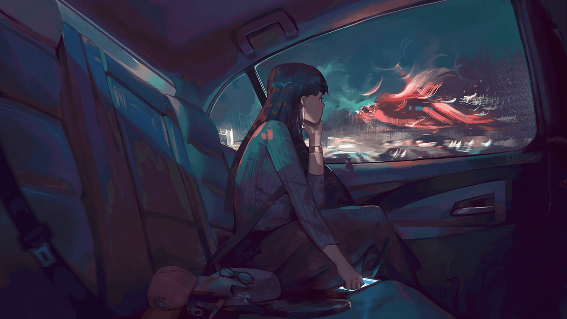 1920x1080 Anime Girl's Midnight Drive: HD Car Wallpaper with Neon Dreams