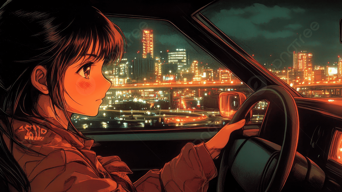 1200x675 Cartoon Girl Driving Car With A City Skyline Background At Night, Girl, Cartoon, Car Background Image And Wallpaper for Free Download