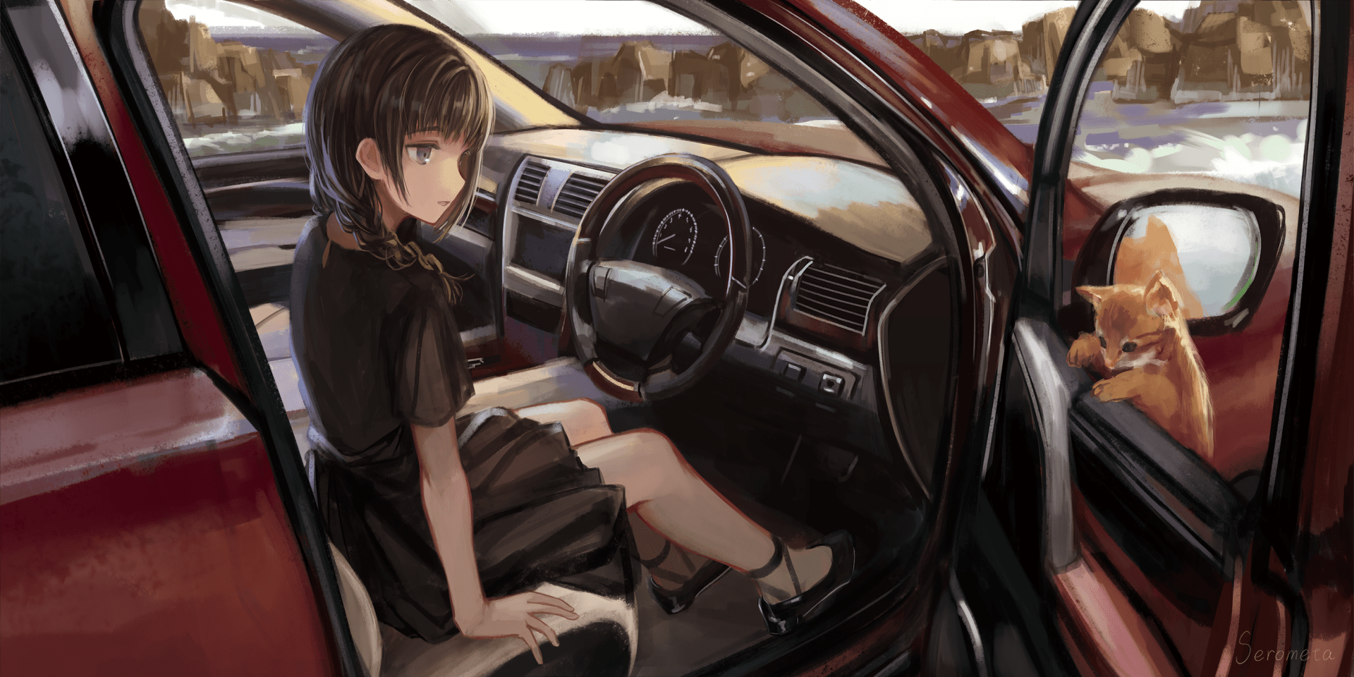 1920x960 Anime Girl with Black Hair Driving in HD Car Wallpaper by せろめた