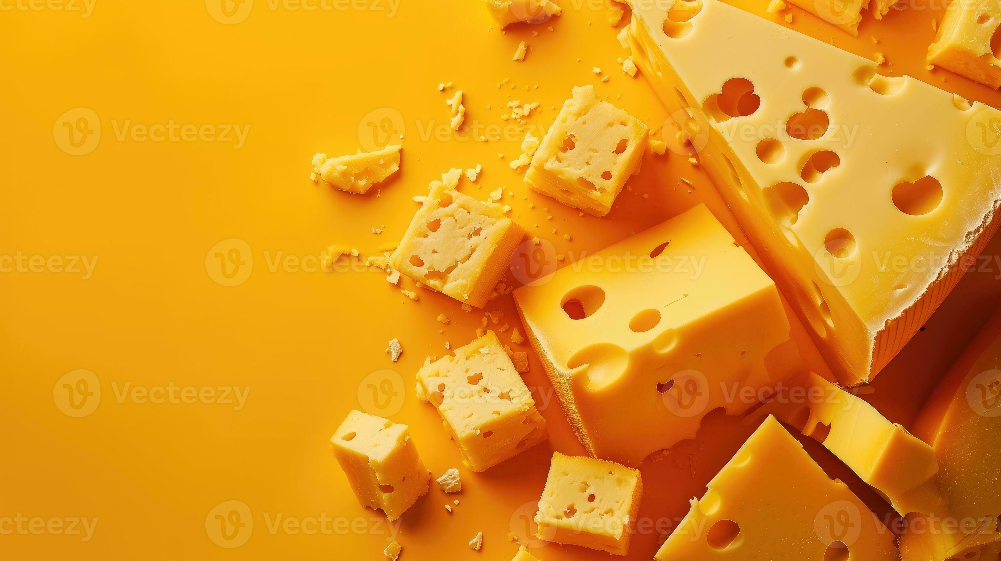3497x1960 AI generated Swiss cheese blocks and pieces on a vibrant yellow background