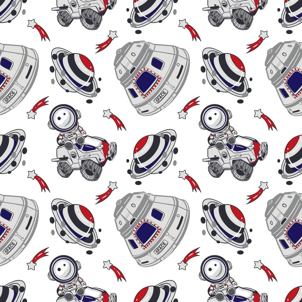 980x980 Astronauts, planets, flying machines, stars seamless pattern. Hand drawn illustration. For Cosmonautics Day, banners, covers, wrapping paper, wallpaper, textile
