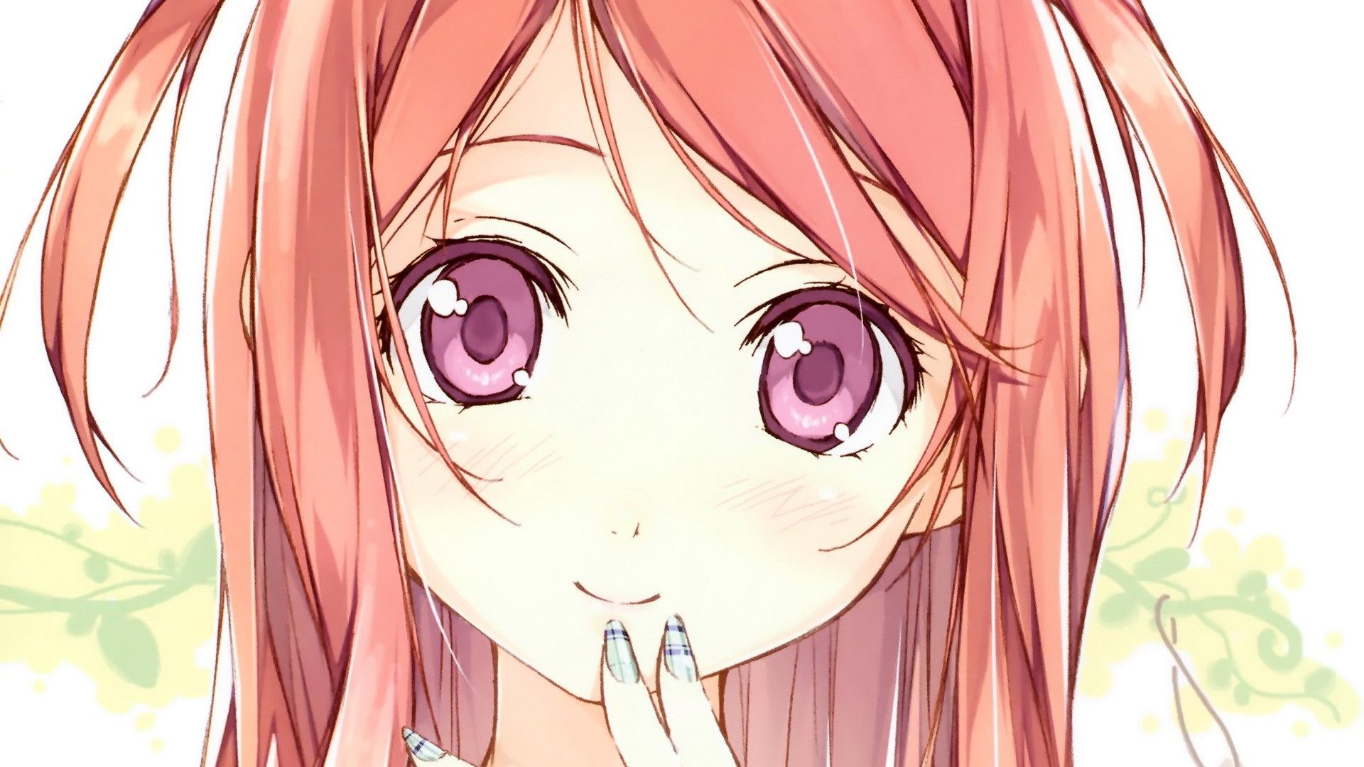 1920x1080 close up, Long, Hair, Red, Eyes, Twintails, Smiling, Blush, Orange, Hair, Anime, Girls, Faces, Kantoku, artist, Fingernails, Nail, Polish, Bangs, Hands, On, Face, Scans, Original, Characters, Kurumi, kantoku Wallpaper HD