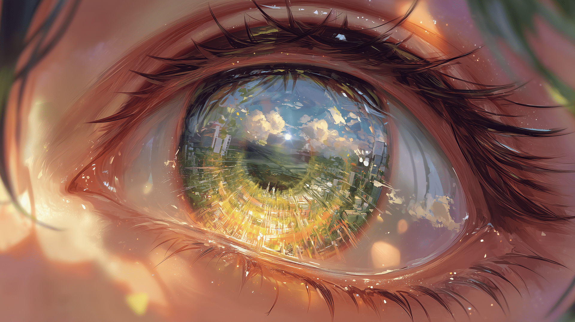 1920x1076 HD Anime Eye Wallpaper with Cityscape Reflection