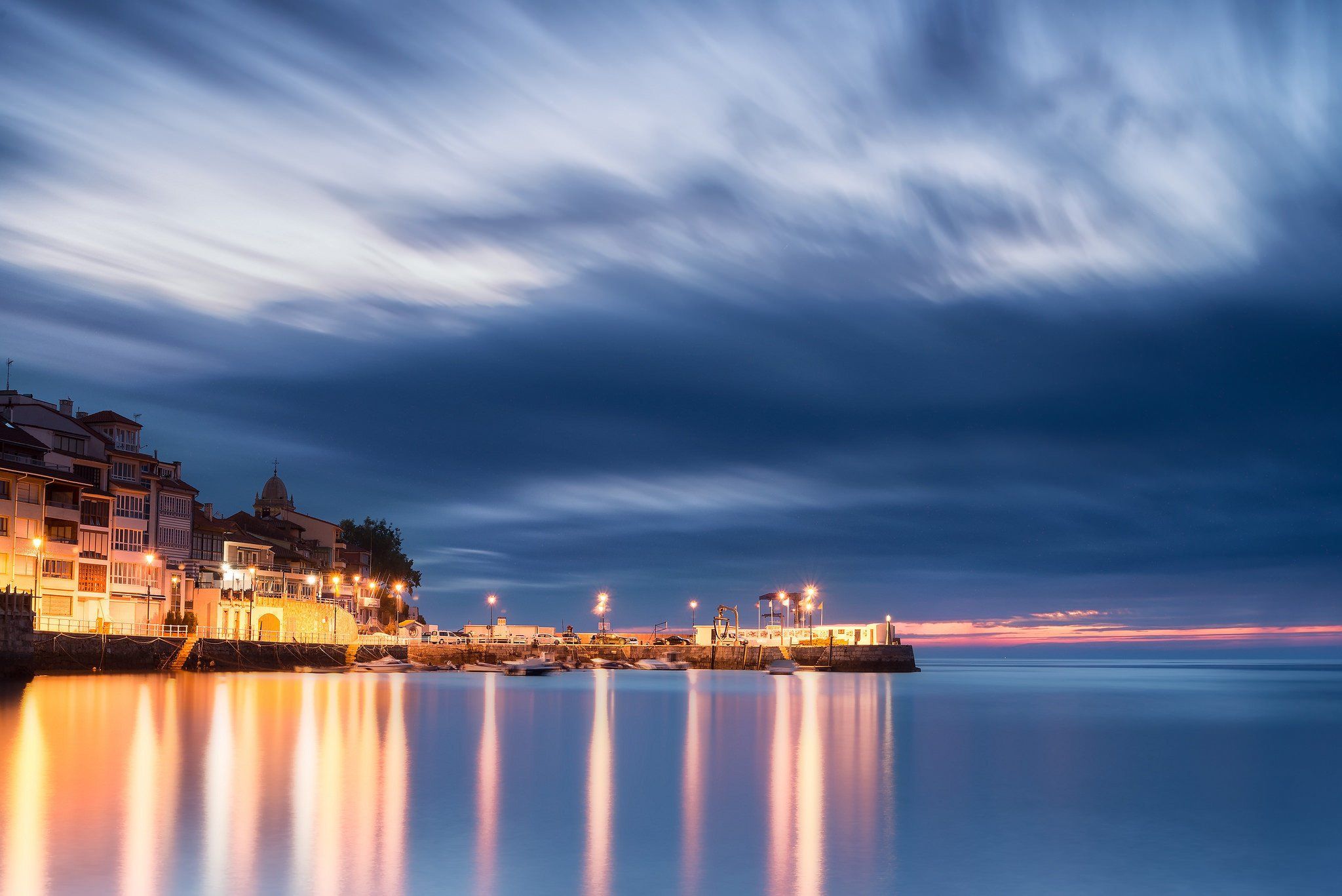 2048x1367 biscay, Bay, Spain, Asturias, Spain, Port, Sea, Houses, Sunset, Evening, Night, Lights, Blue, Sky, Clouds, Landscape, Reflection, City Wallpaper HD / Desktop and Mobile Background