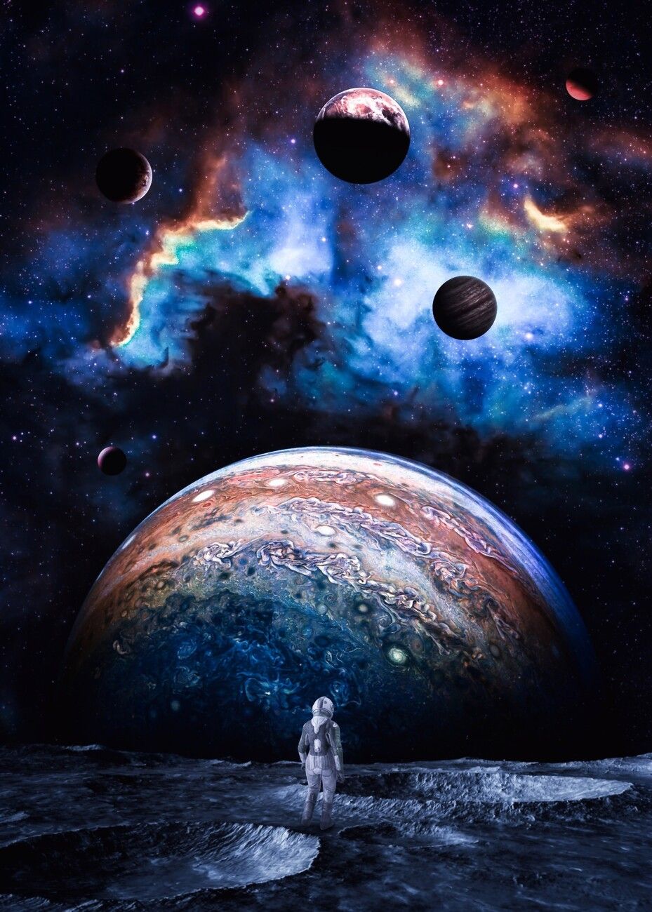 929x1300 Poster Astronaut looking planet Jupiter on Moon. Wall Art 1 FREE