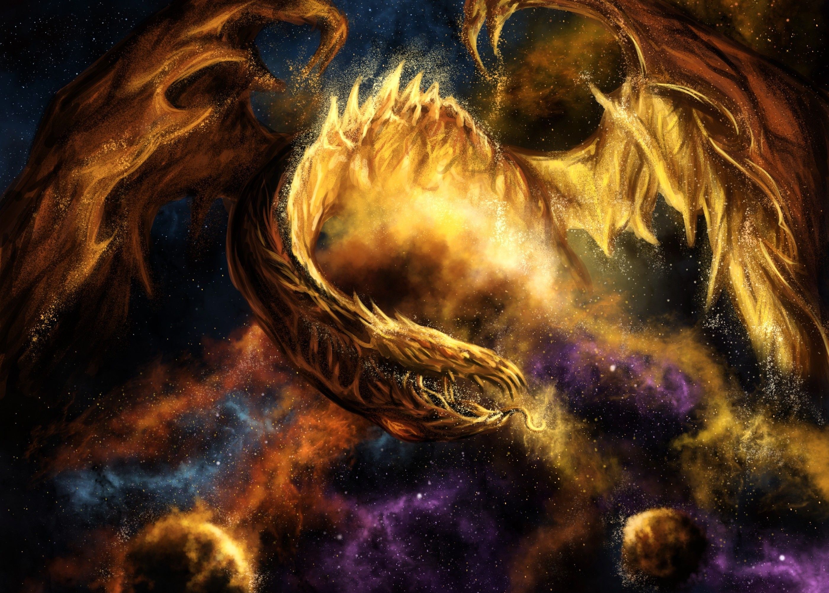 2800x2003 fantasy, Dragon, Fire, Sci, Fi, Space, Nebula, Stars, Art Wallpaper HD / Desktop and Mobile Background