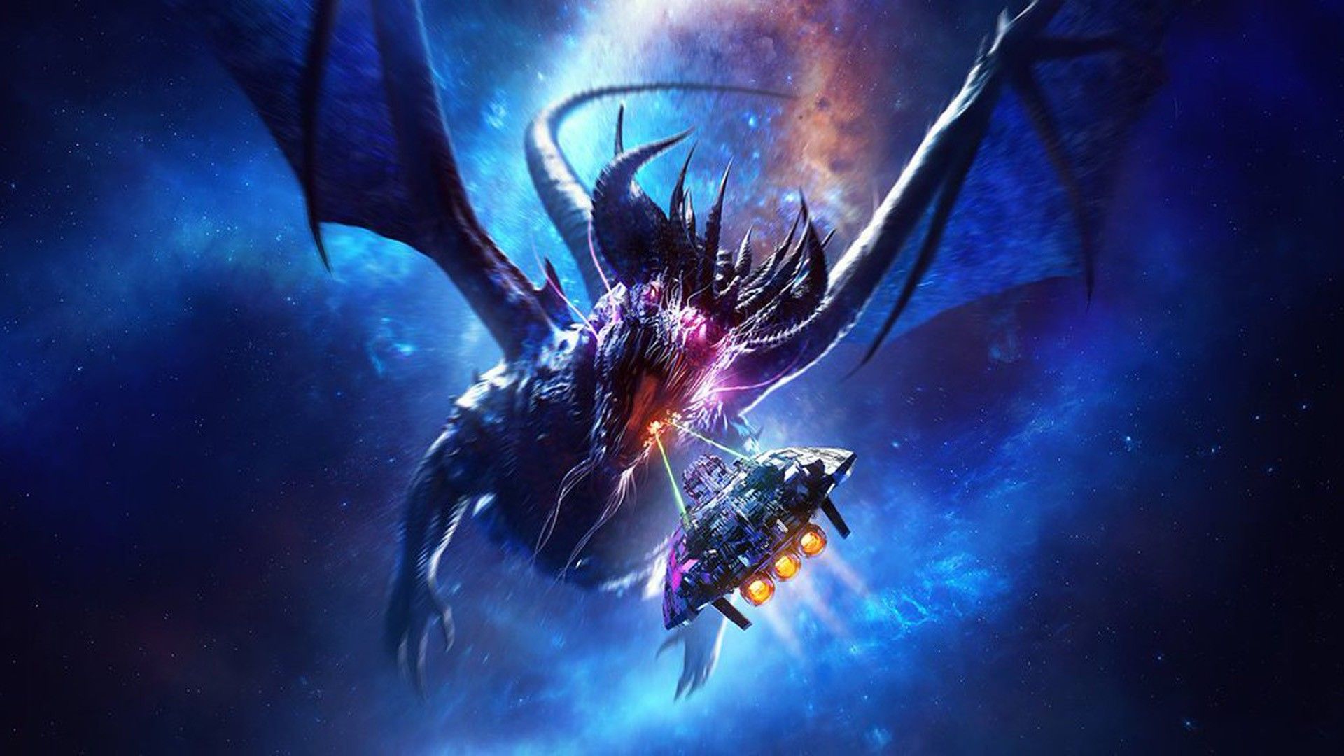 1920x1080 Fantasy Dragon Spitting Fire On Spacecraft In Blue Sky Background HD Dragon Wallpaper