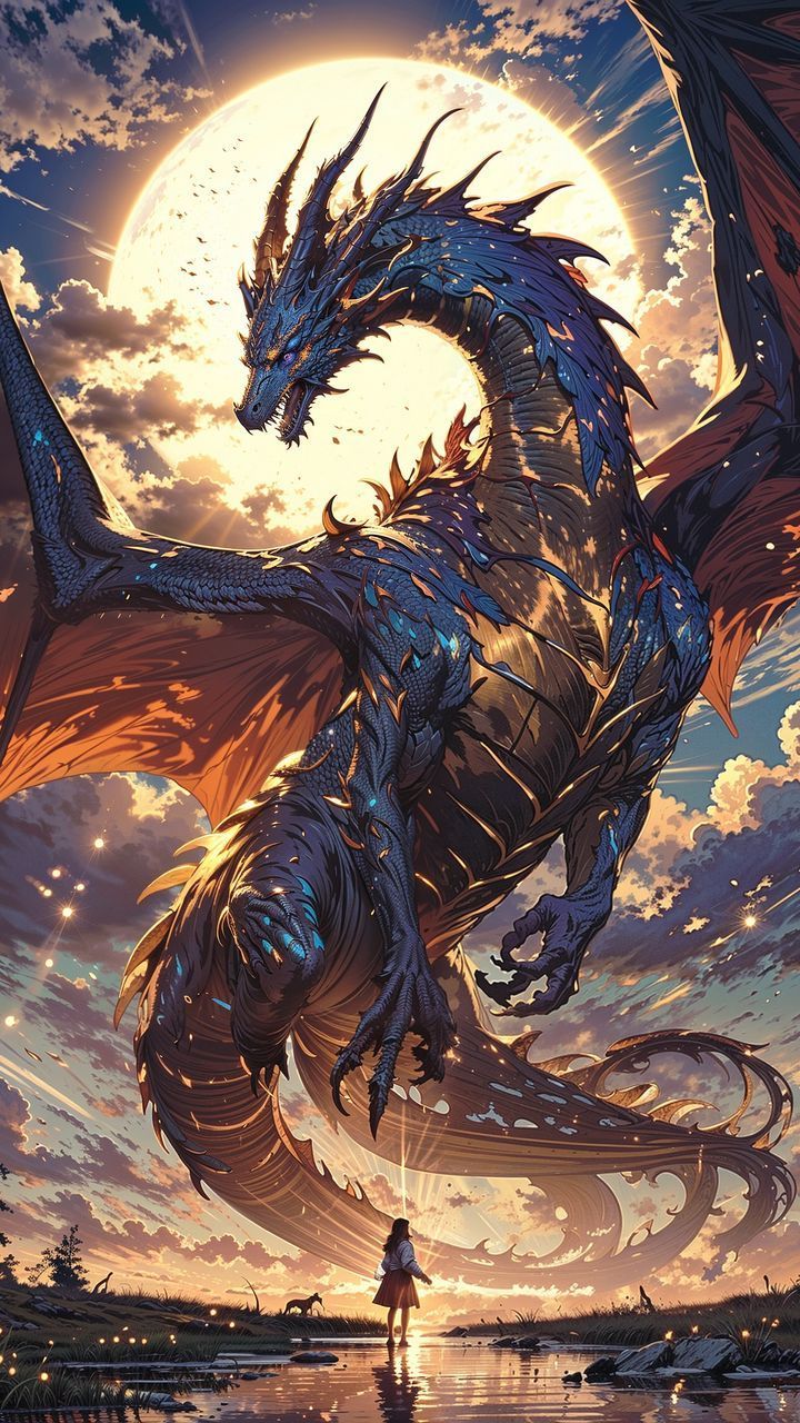 720x1280 free 4K wallpaper dragon, girl, sun, clouds, sky, fantasy, ai, art by ♤CRISTIAN♧¿