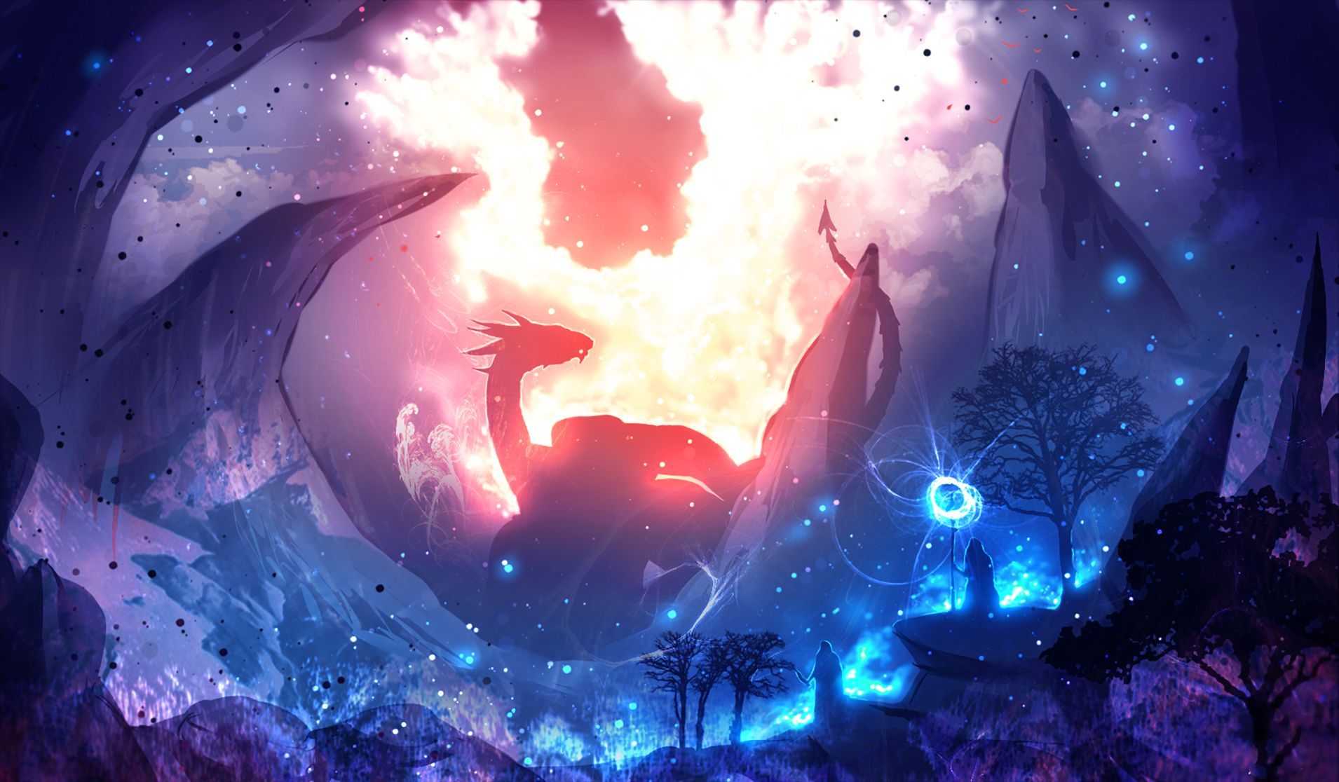 1910x1116 Desktop wallpaper: Fantasy, Dragon, Cloud, Light, Mage, Magic, Sky, Tail, Tree, Valley, Wings 4K free download for PC. 853845