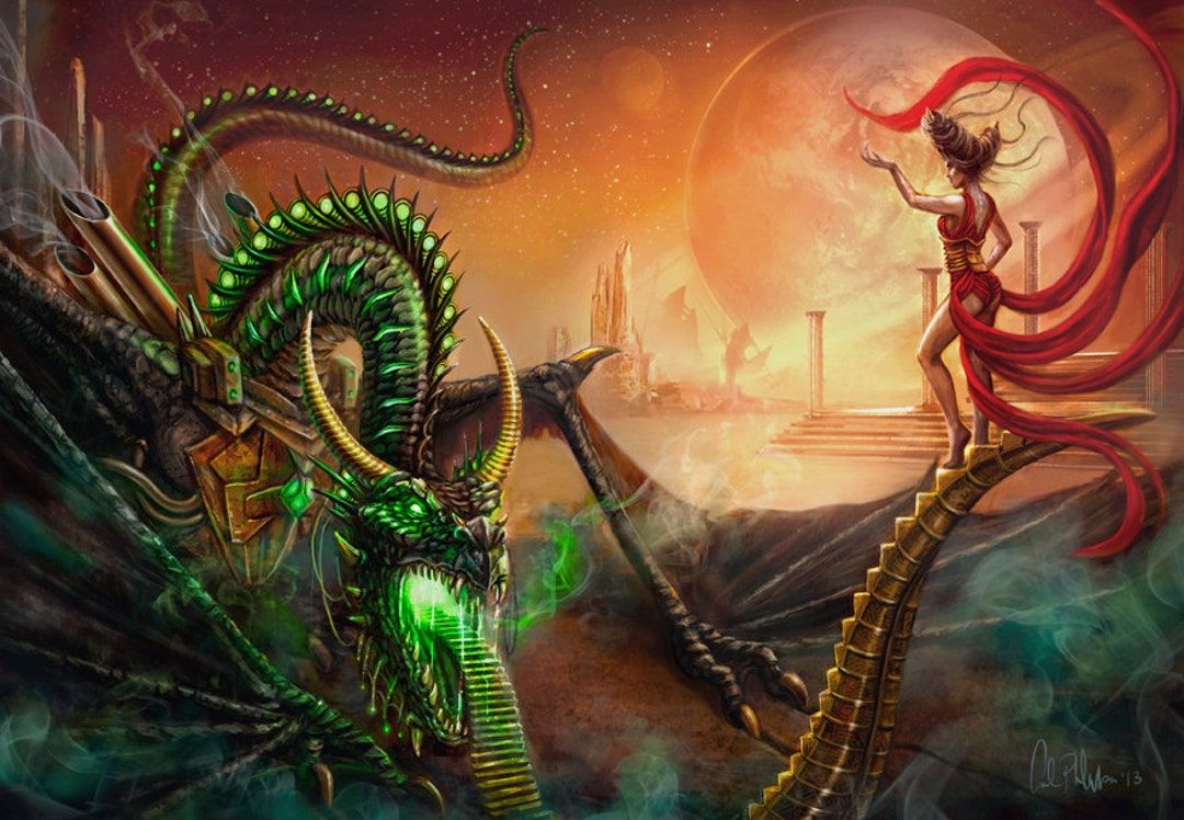 1080x748 Fantasy Art, Dragon Art, Science Fiction Dragon Alien Planet Mage Wizard Sorceress Print Wall Art, Wall Decor