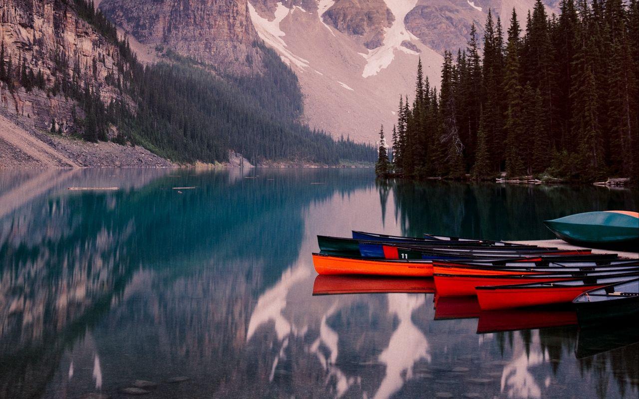 1280x800 Download wallpaper 1280x800 lake, mountains, canoe, kayak, trees