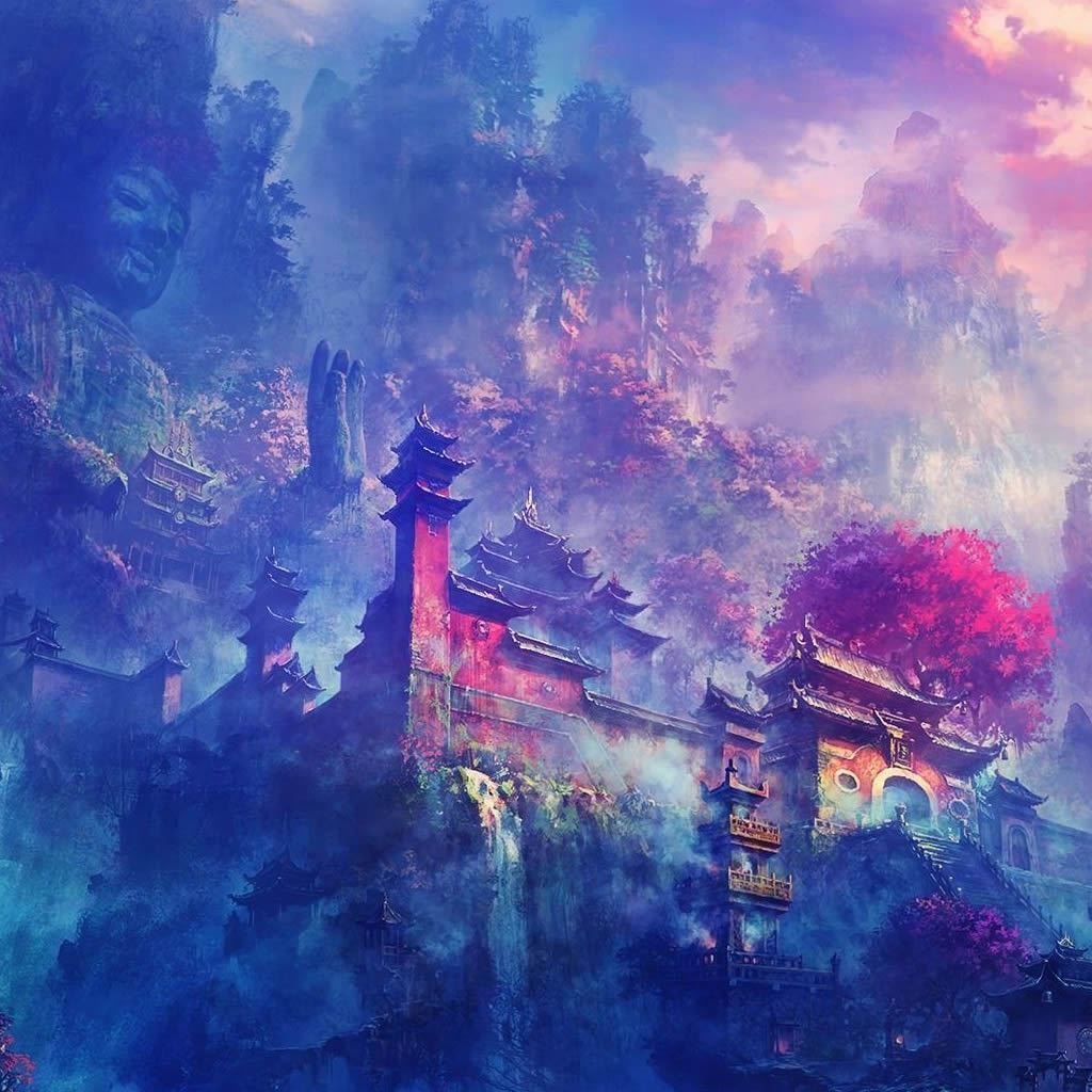 1024x1024 Asian Village In The Mountains Fantasy iPad Wallpaper Free Download