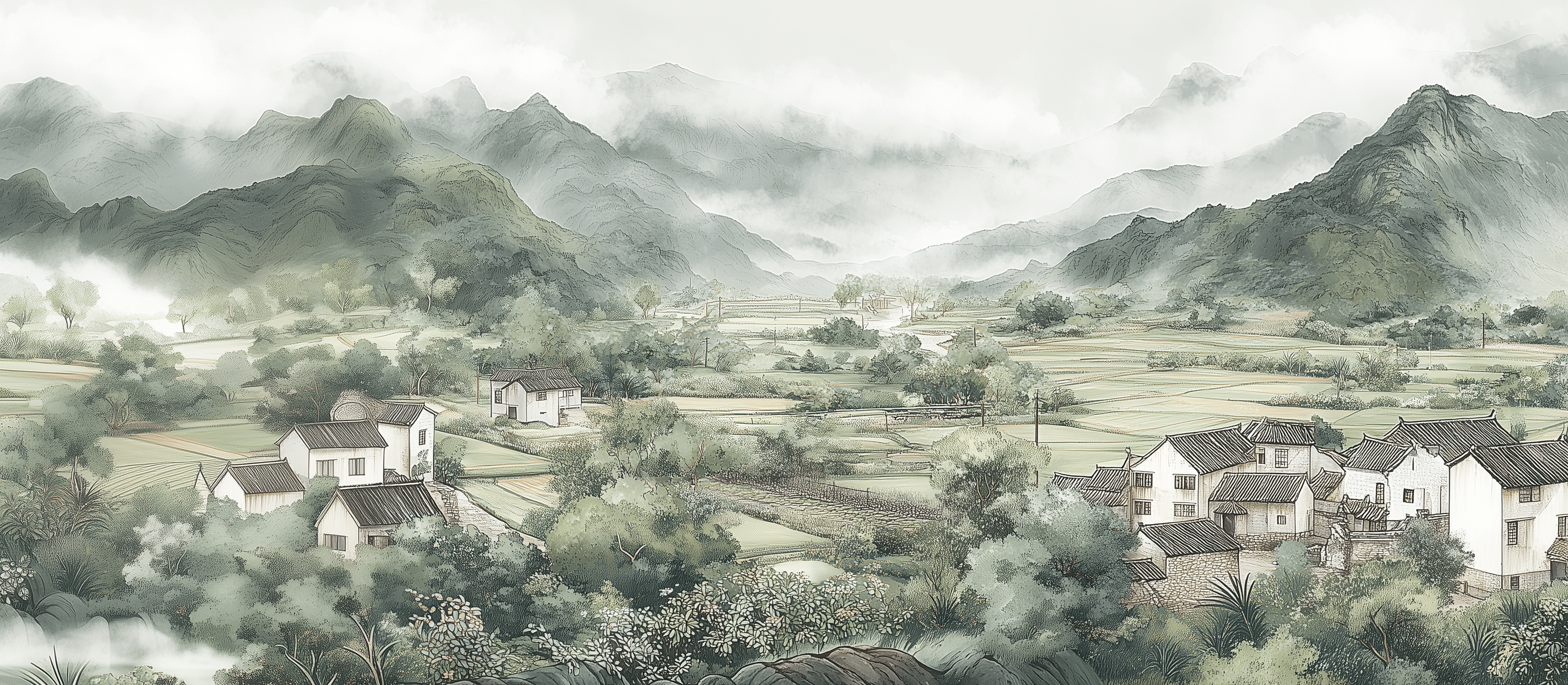 3296x1440 Misty Mountain Village Wall Mural Ink Style Landscape Wallpaper Pre Pasted / 150W X 108H
