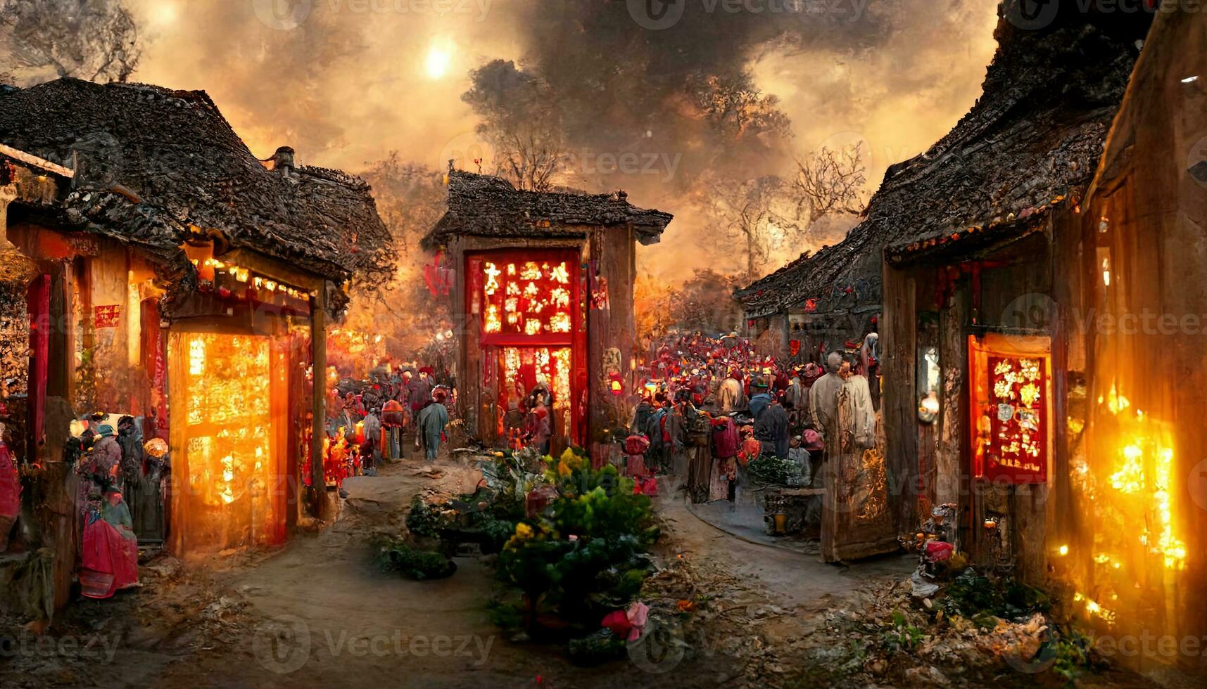 1715x980 Ancient Chinese village, Chinese New Year, peach flower blossom, multi firework in the sky, bustling market, withered trees. Happy new year concept. Generate AI
