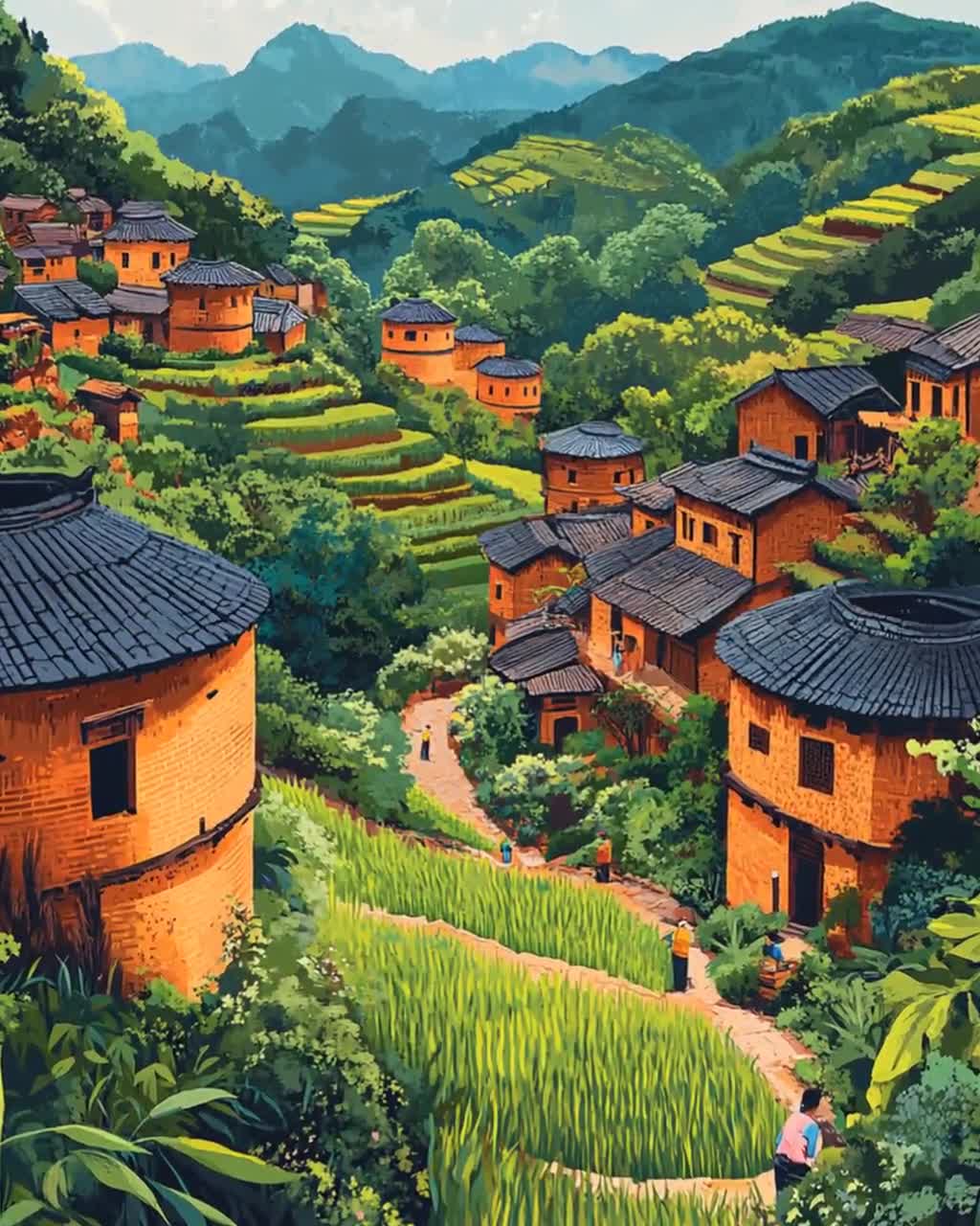1024x1280 Fujian Tulou Village Art Print, Earthen Building Decor Poster, Traditional Chinese Illustration