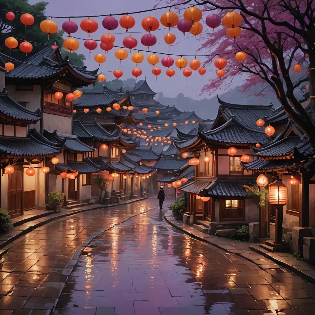 1024x1024 A small East Asian village at dusk