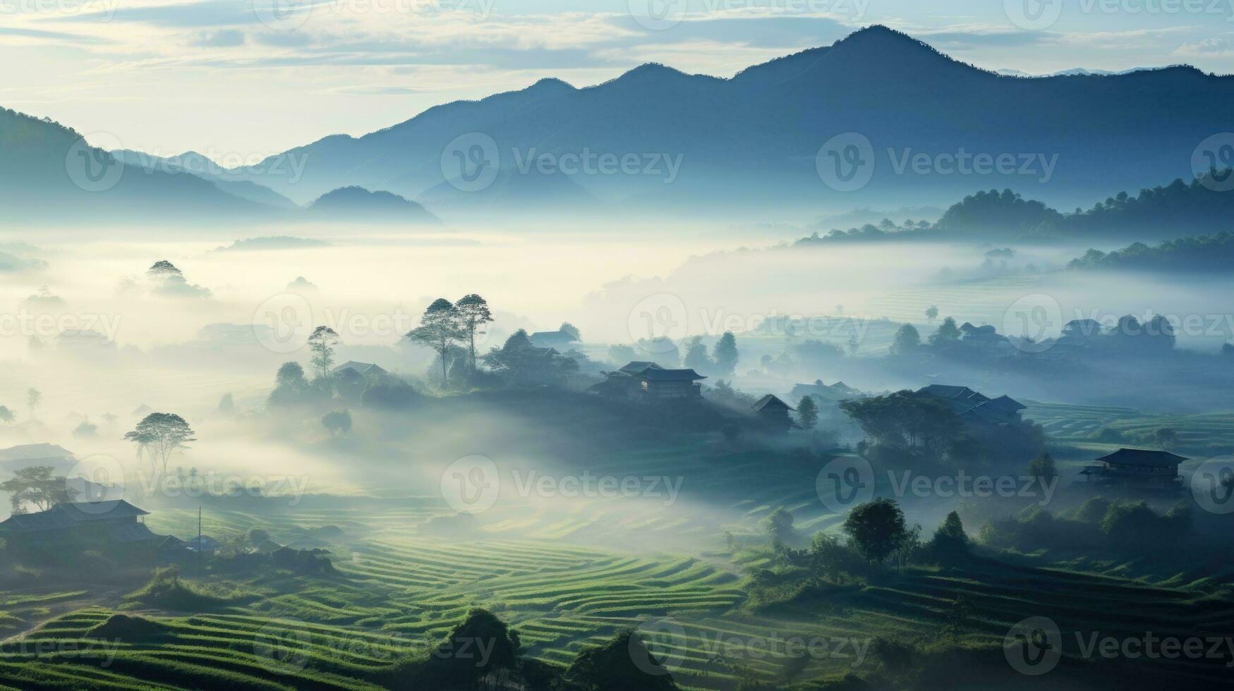 1749x980 AI generated Chinese village misty morning background wallpaper