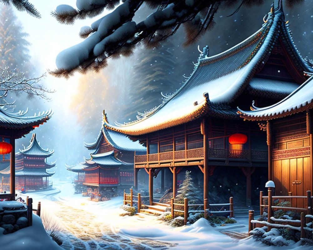 1000x800 image of Fantastic traditional chinese village in the forest, winter season. Deep Dream Generator