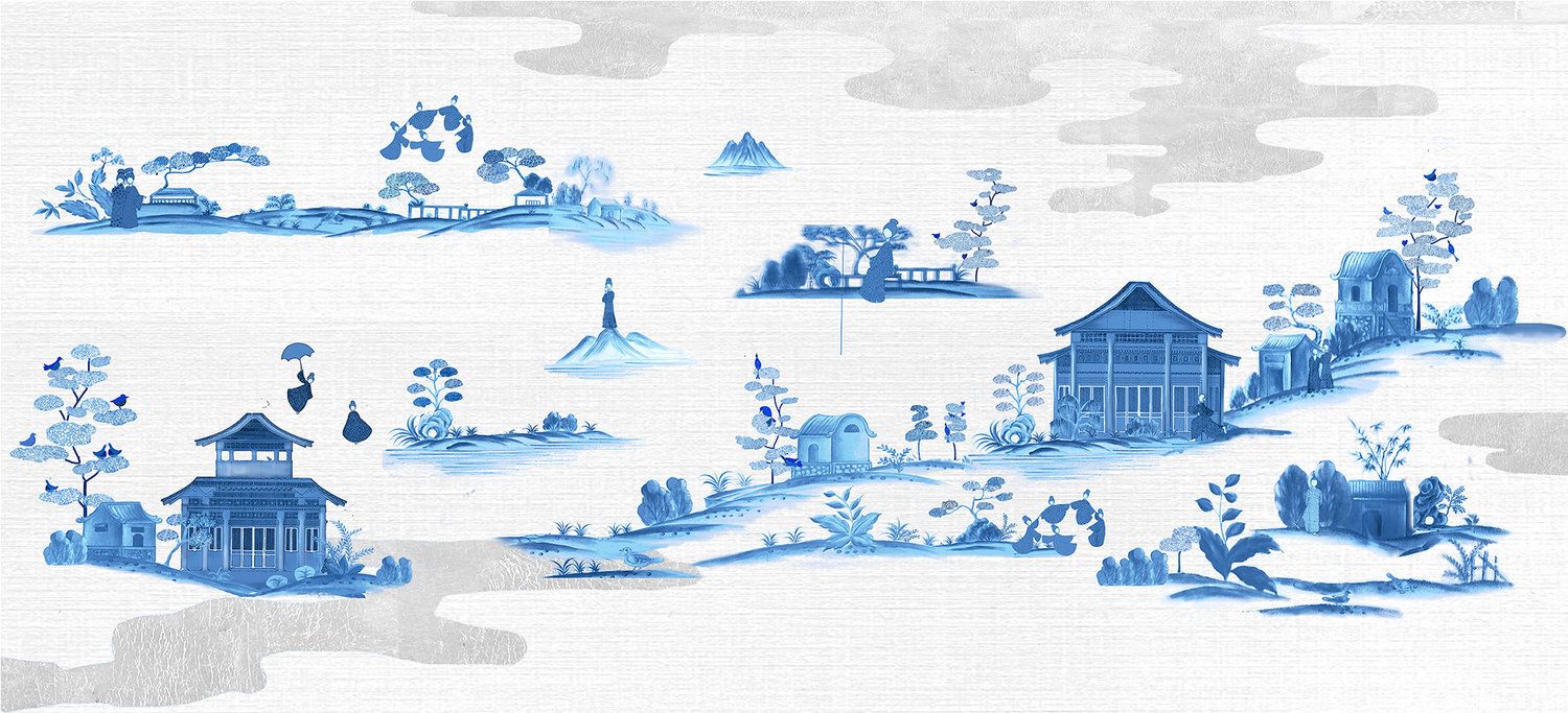 1500x683 Chinoiserie Village Chinoiserie Hand Painted Wallpaper