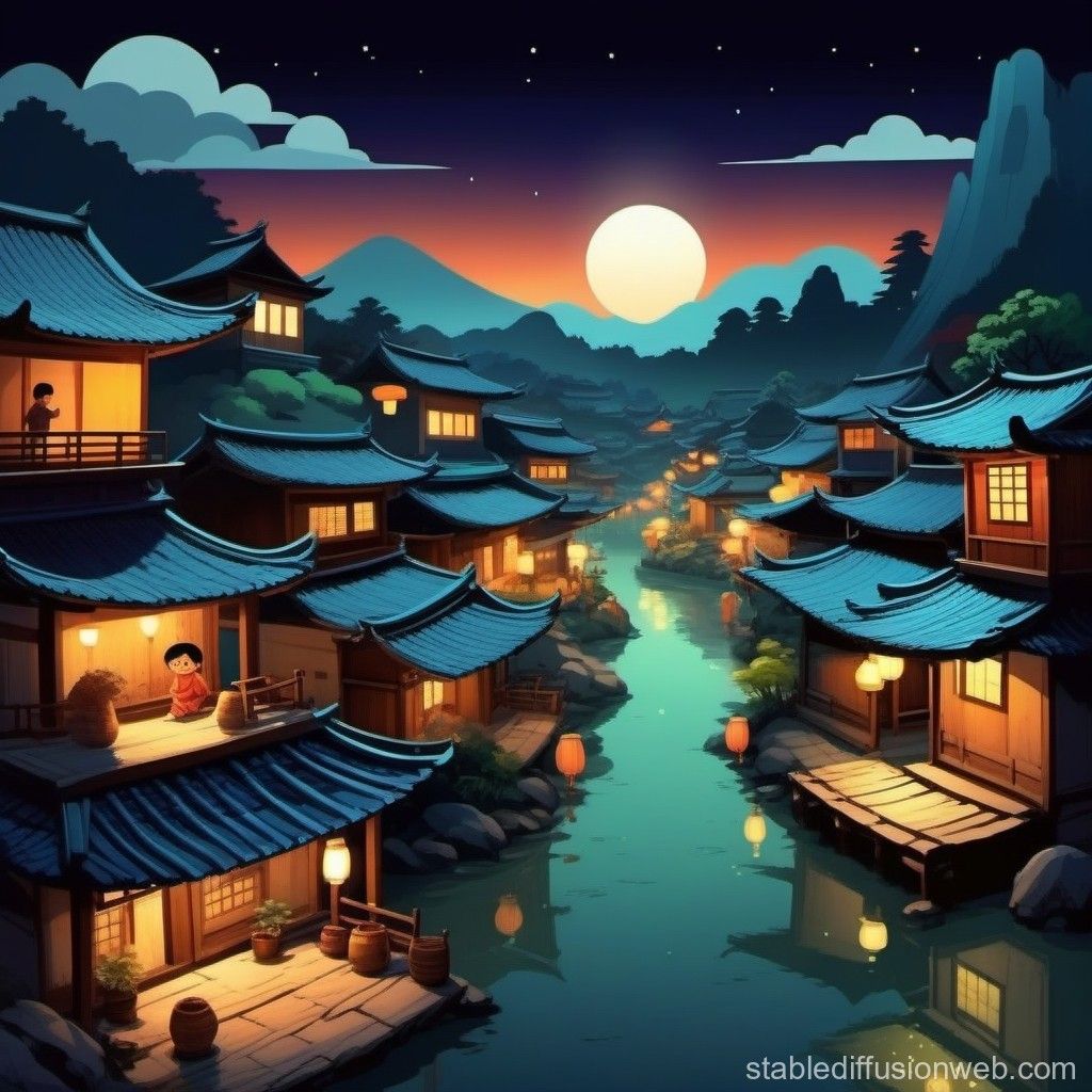 1024x1024 Asian Village Nighttime Cartoon. Stable Diffusion Online
